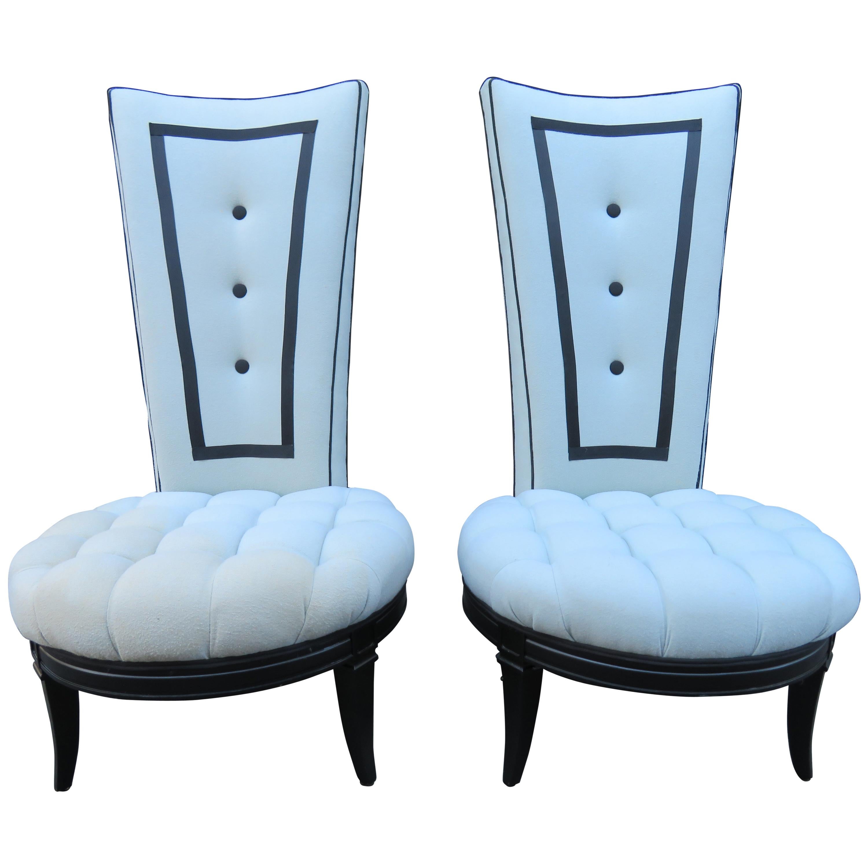 Handsome Pair Tuxedo Style Tall Back Tufted Slipper Chairs Hollywood Regency For Sale