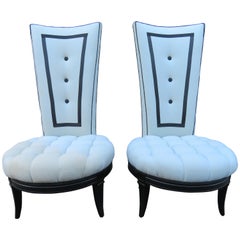 Retro Handsome Pair Tuxedo Style Tall Back Tufted Slipper Chairs Hollywood Regency