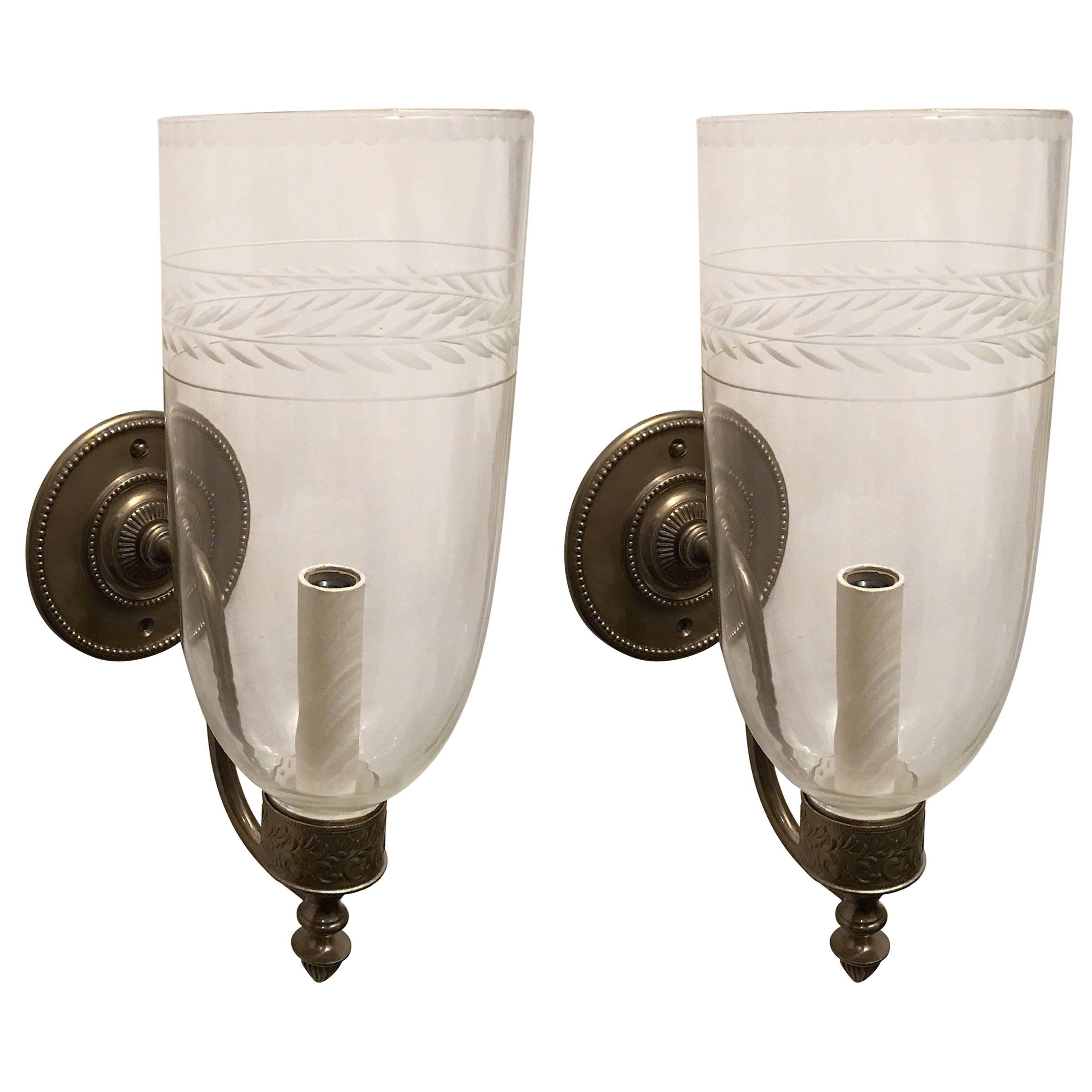 Handsome Pair Vaughan Ditchley Storm Bronze Sconce Etched Glass Hurricane Shade