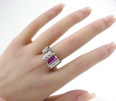 Handsome Platinum Diamond Ruby "Tank" Ring--1940s Retro at Its Finest