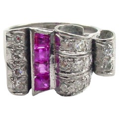 Handsome Platinum Diamond Ruby "Tank" Ring--1940s Retro at Its Finest
