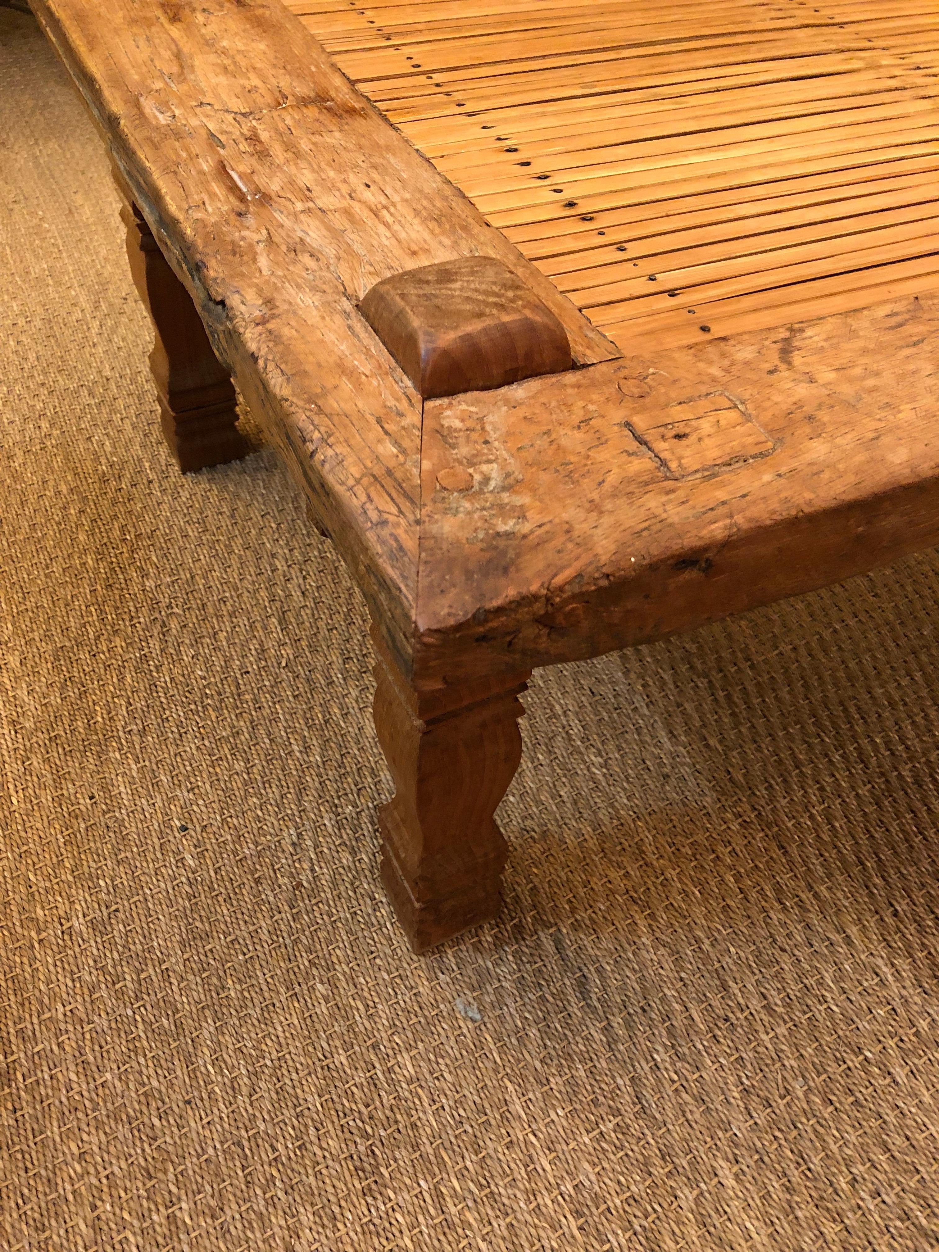 Handsome Rectangular Rustic Distressed Wood and Rattan Coffee Table In Good Condition In Hopewell, NJ