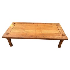 Vintage Handsome Rectangular Rustic Distressed Wood and Rattan Coffee Table