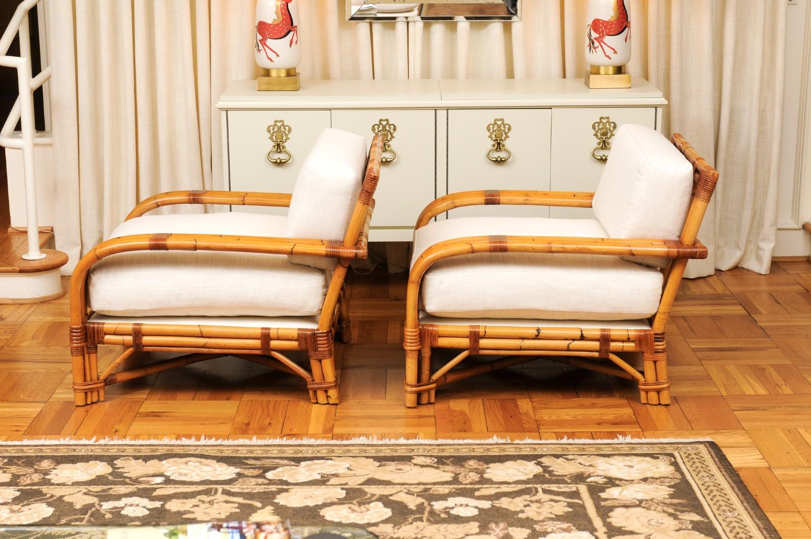 Handsome Restored Pair of Large-Scale Rattan Club Chairs by Bielecky Brothers For Sale 2