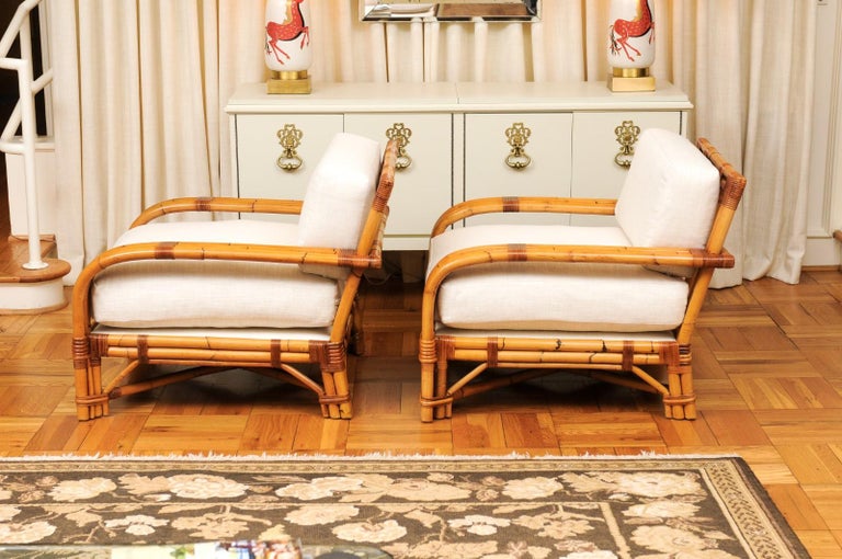 Handsome Restored Pair of Large-Scale Rattan Club Chairs by Bielecky Brothers For Sale 4