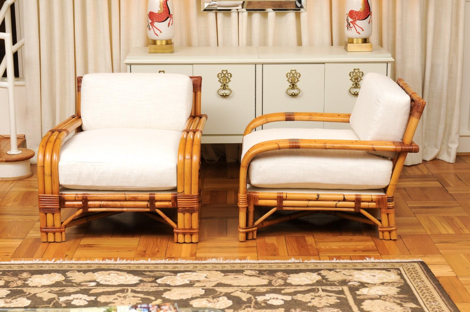 Handsome Restored Pair of Large-Scale Rattan Club Chairs by Bielecky Brothers For Sale 3