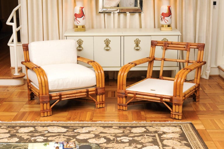 Handsome Restored Pair of Large-Scale Rattan Club Chairs by Bielecky Brothers For Sale 11