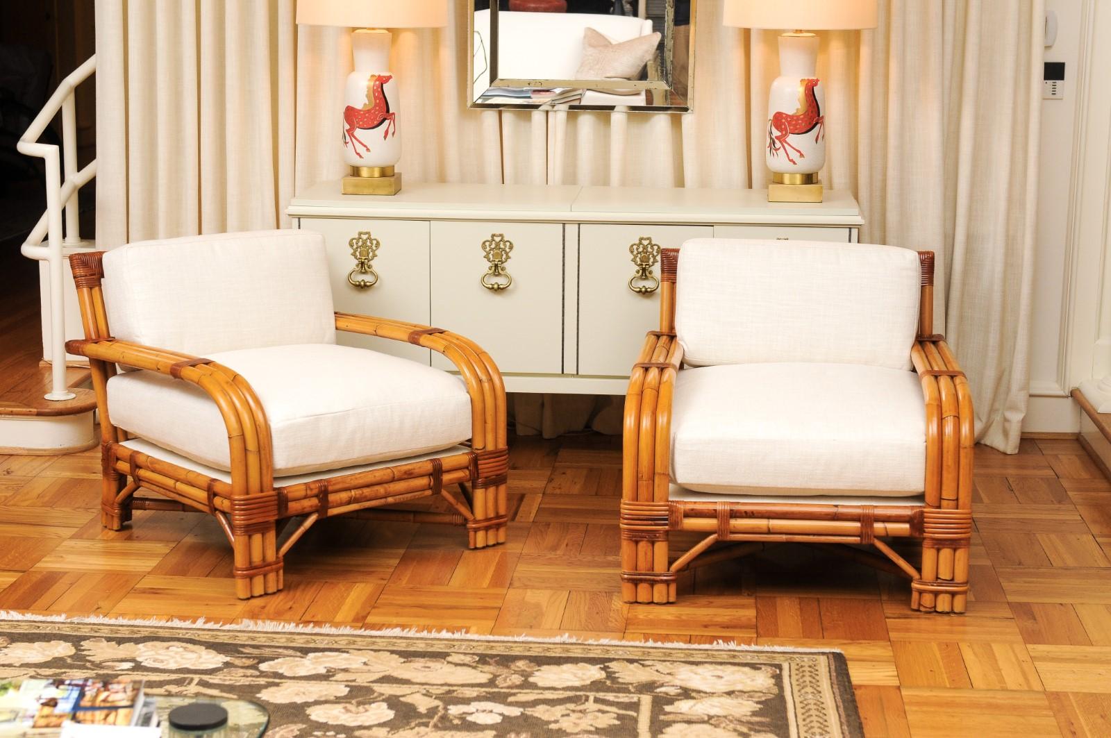 These magnificent lounge chairs are shipped as professionally photographed and described in the listing narrative: Meticulously professionally restored, upholstered and completely installation ready. Expert custom upholstery service is available.

A