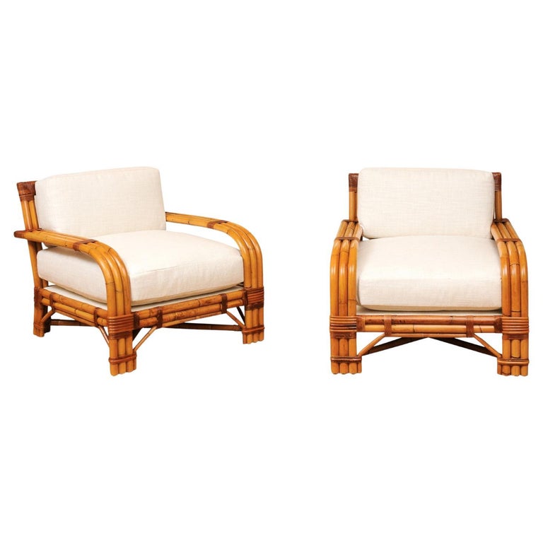 Handsome Restored Pair of Large-Scale Rattan Club Chairs by Bielecky Brothers For Sale