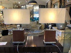 Handsome and Rich Pair of Debonair Wood Veneer and Chrome Table Lamps