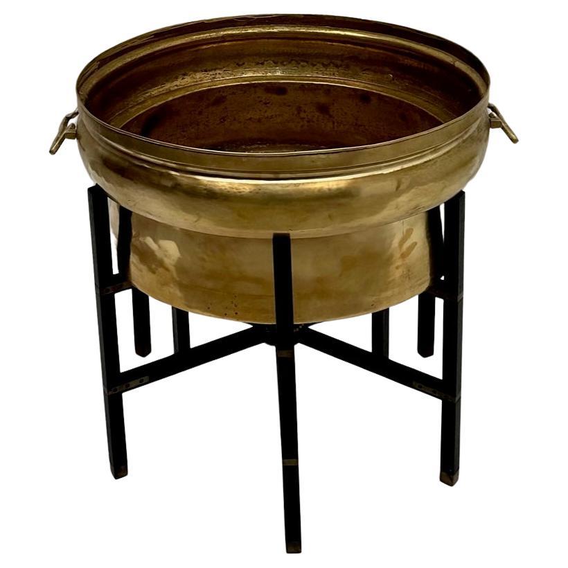 Handsome Round Brass Planter on Ebonized Custom Stand For Sale