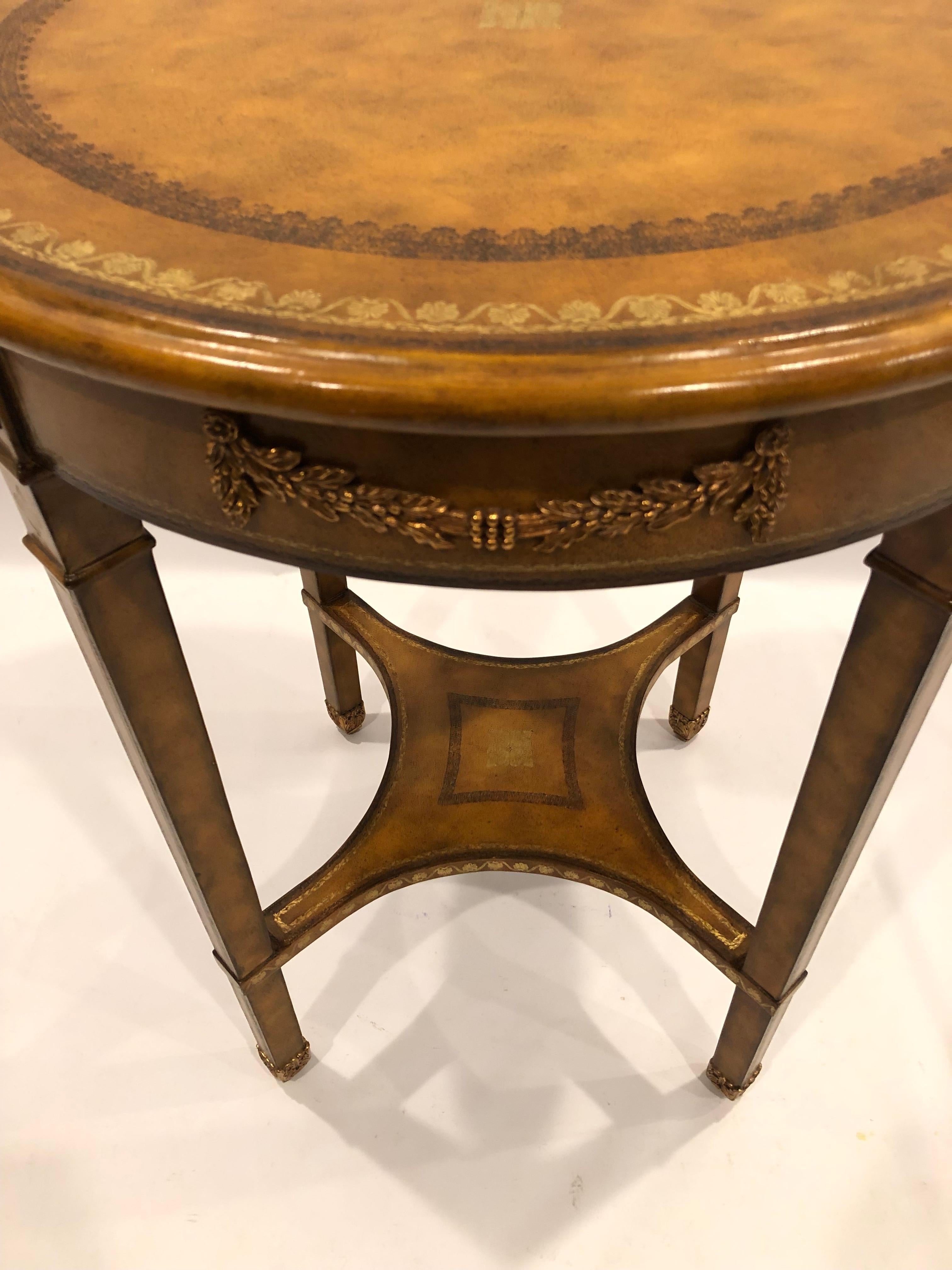 Handsome Round Leather Embossed Side Table by Maitland Smith In Good Condition For Sale In Hopewell, NJ