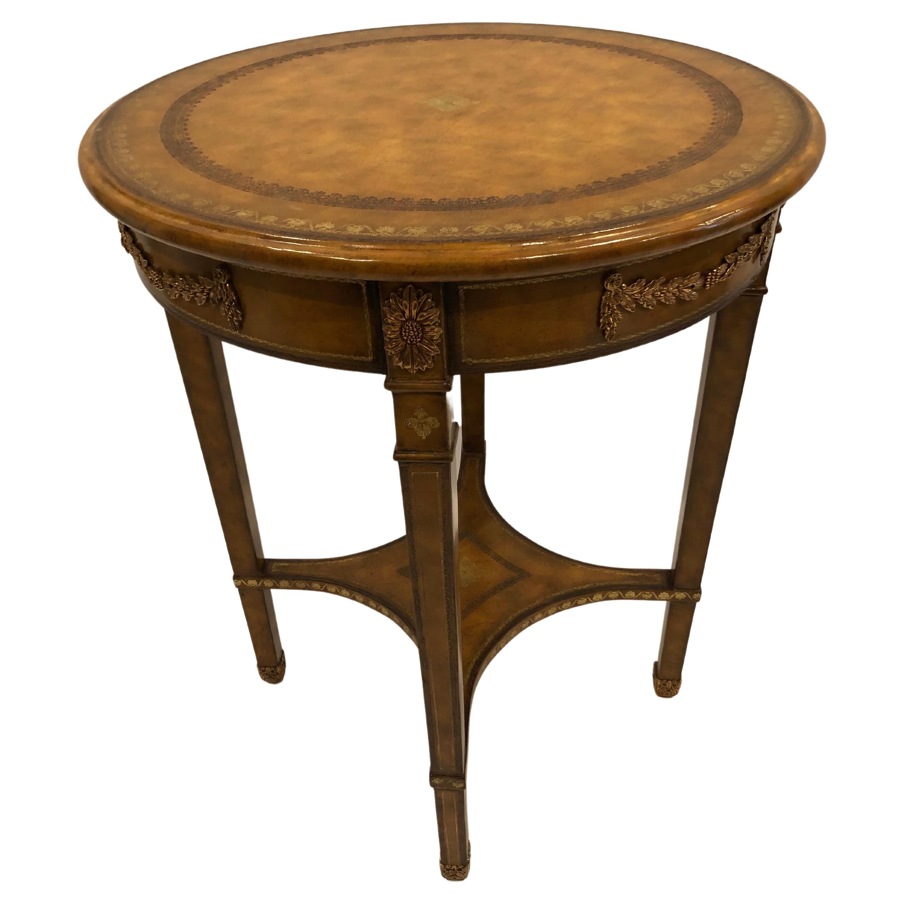 Handsome Round Leather Embossed Side Table by Maitland Smith For Sale
