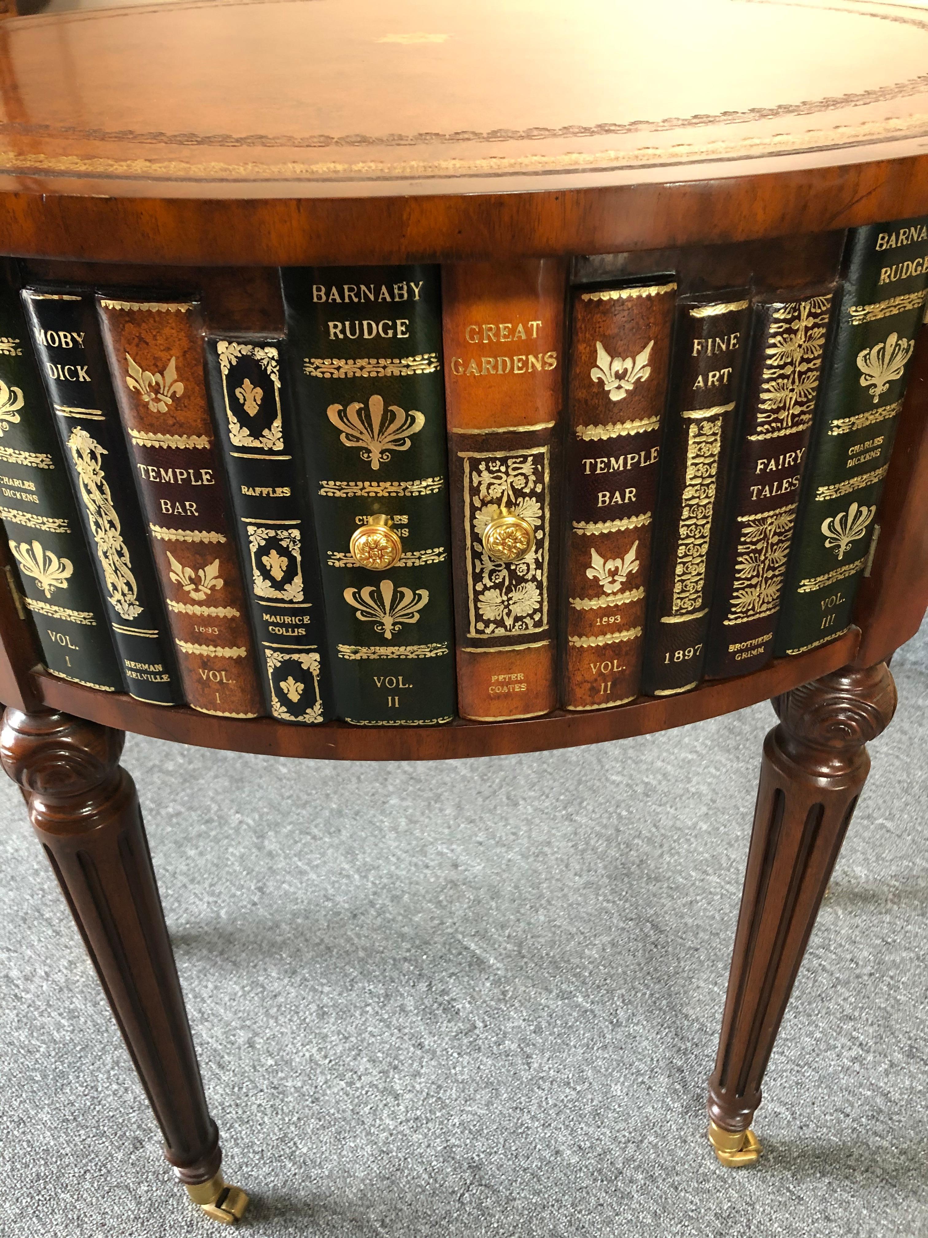 Maitland Smith Round Leather Wrapped Side Table with Trompe l'oeil Books 1