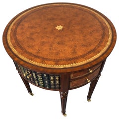 Maitland Smith Round Leather Wrapped Side Table with Trompe l'oeil Books