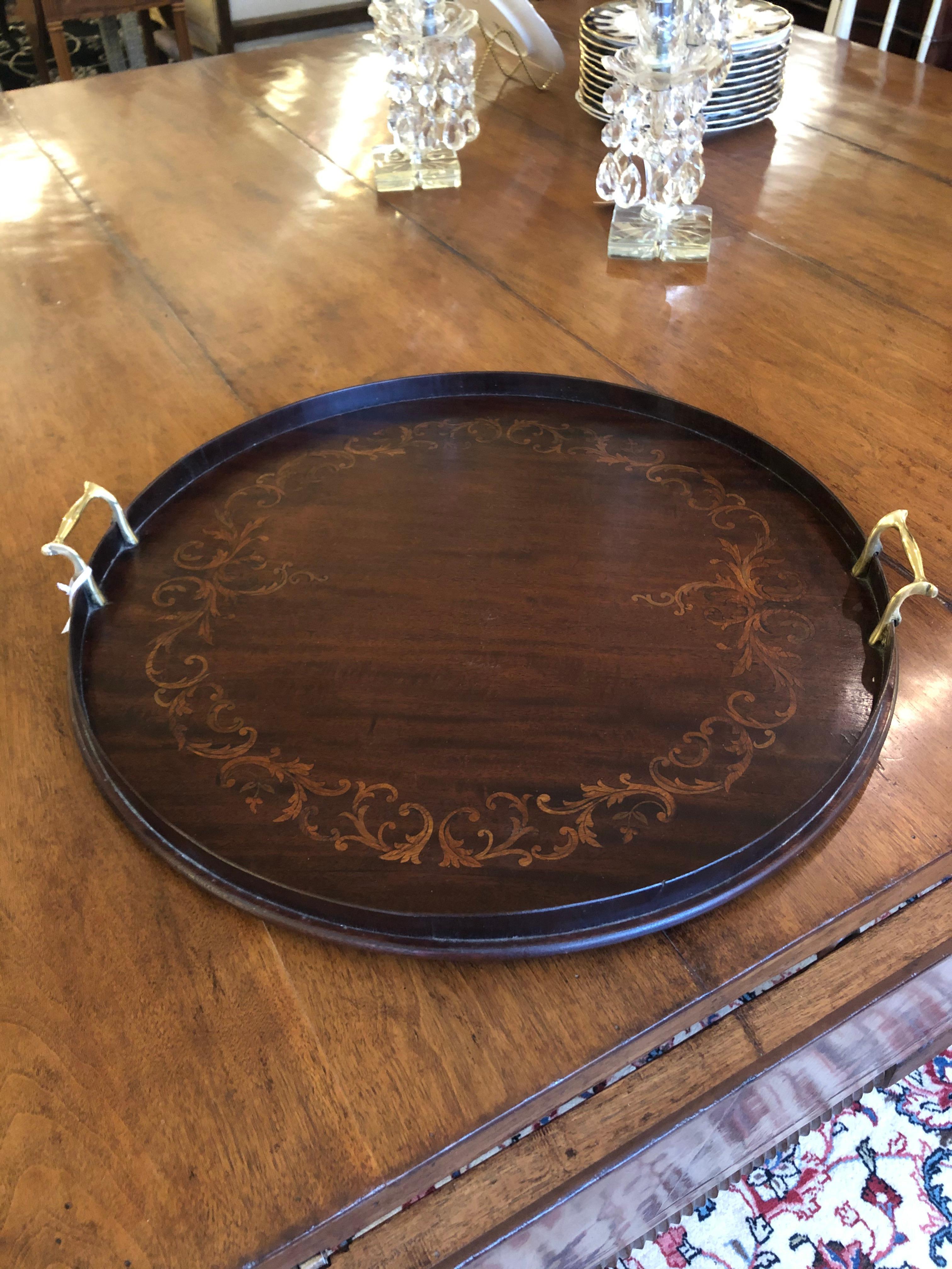 Mid-20th Century Handsome Round Vintage Mahogany Inlay Tray with Brass Handles