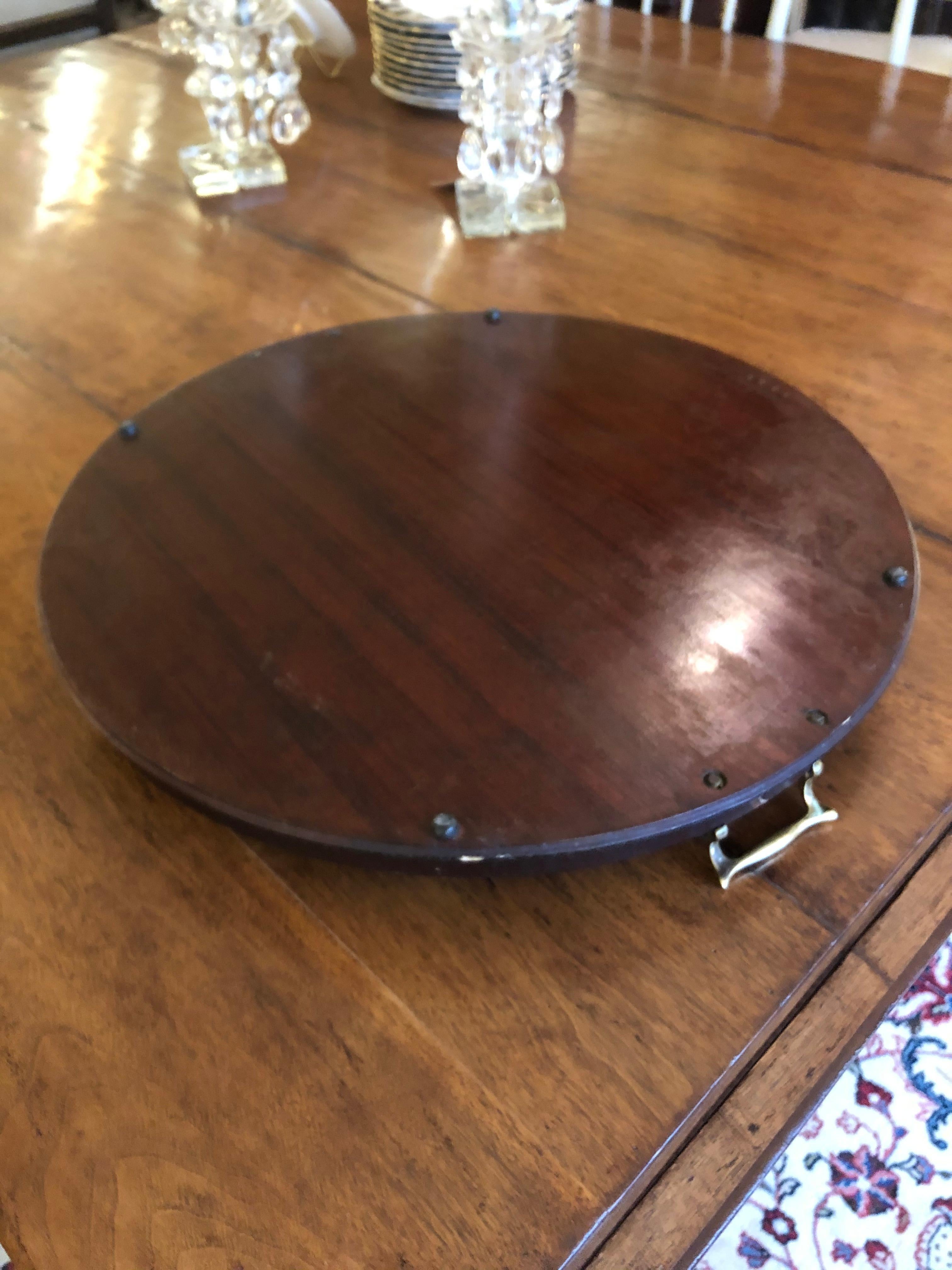 Handsome Round Vintage Mahogany Inlay Tray with Brass Handles 1
