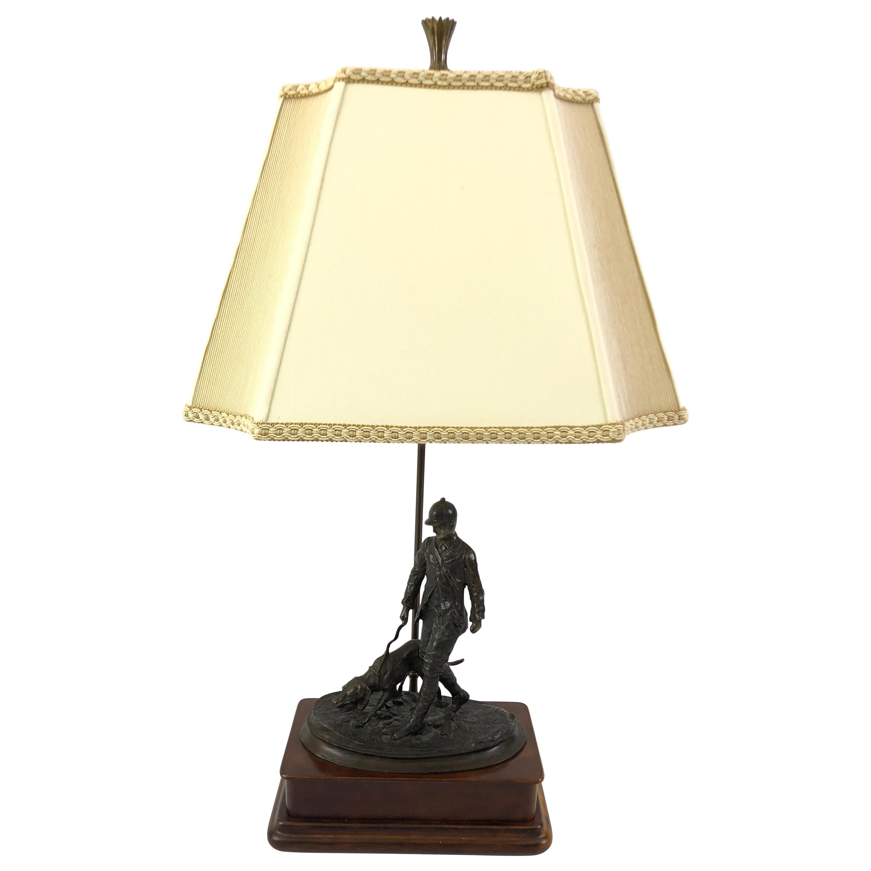 Handsome Sculptural Bronze Table Lamp of Hunter with Hound Dog