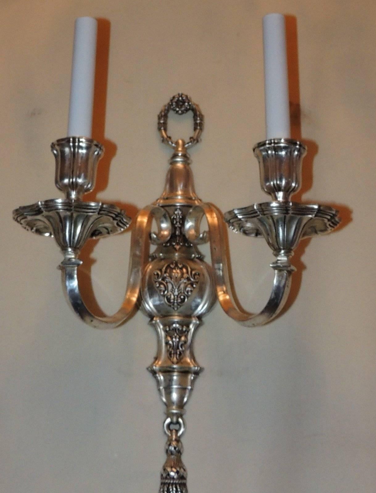 Handsome Pair Caldwell Silvered Bronze Nickel Tassel Regency 2 Arm Sconces  In Good Condition For Sale In Roslyn, NY