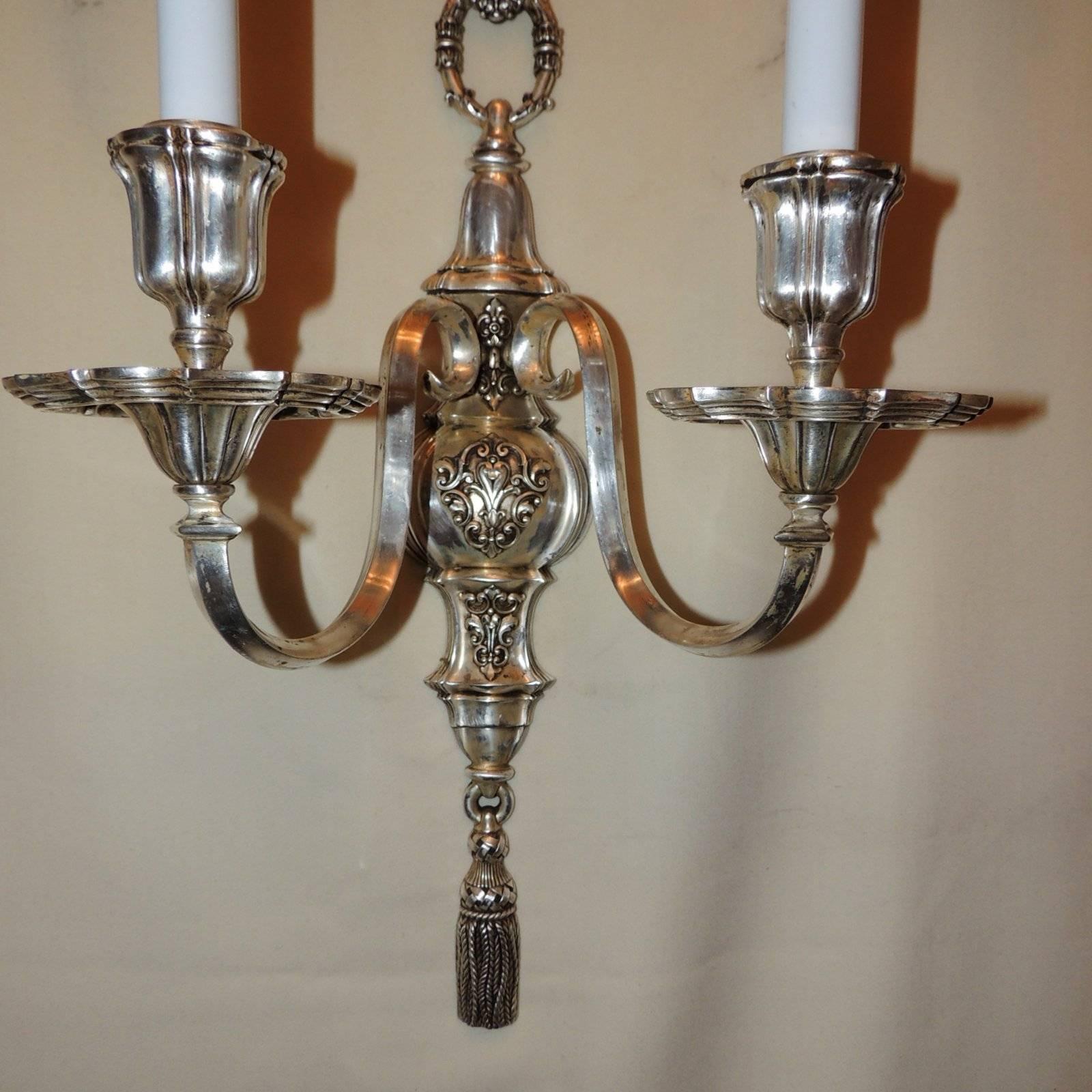 Handsome Pair Caldwell Silvered Bronze Nickel Tassel Regency 2 Arm Sconces  For Sale 3