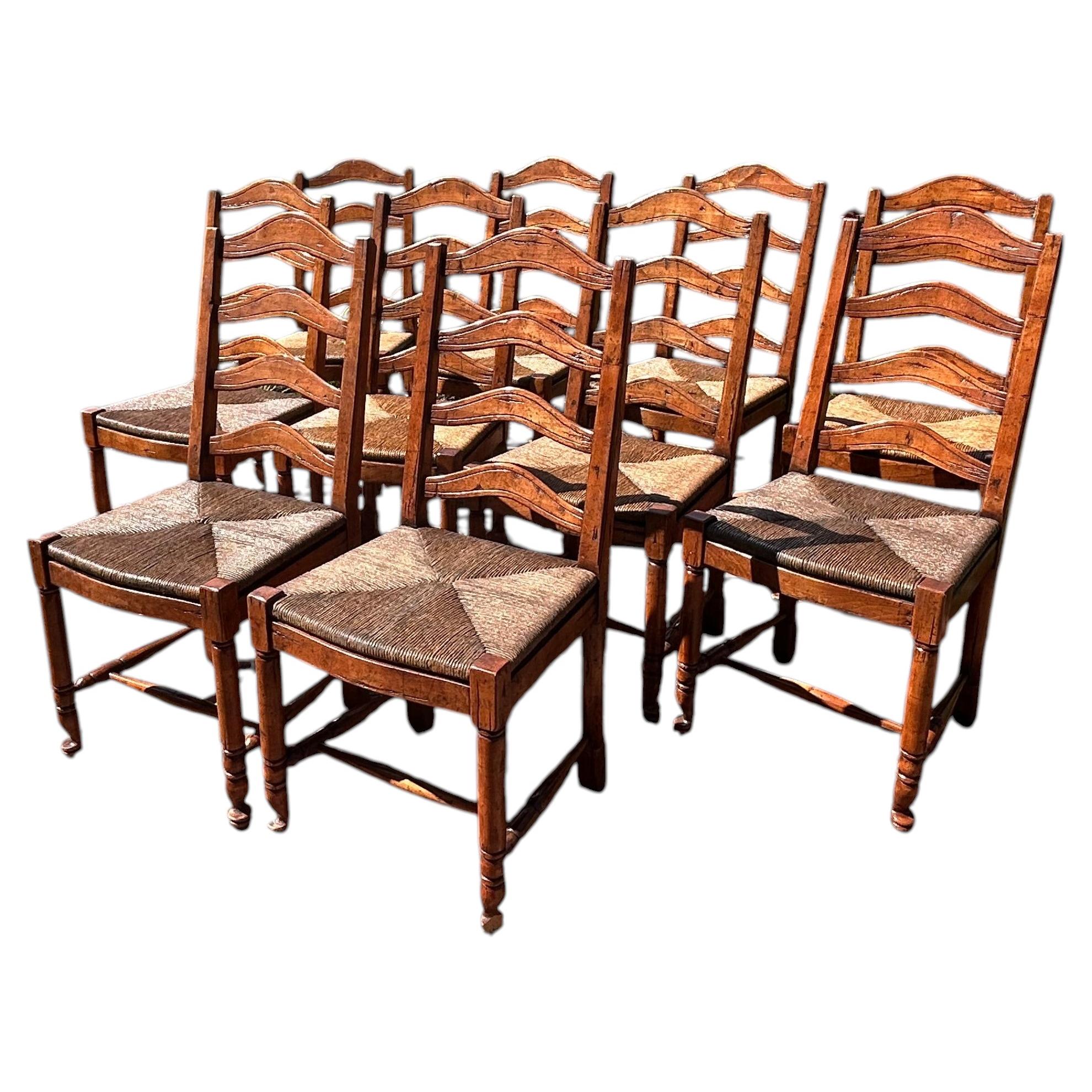 Handsome Set of 10 Ladderback Rush Seat Dining Chairs