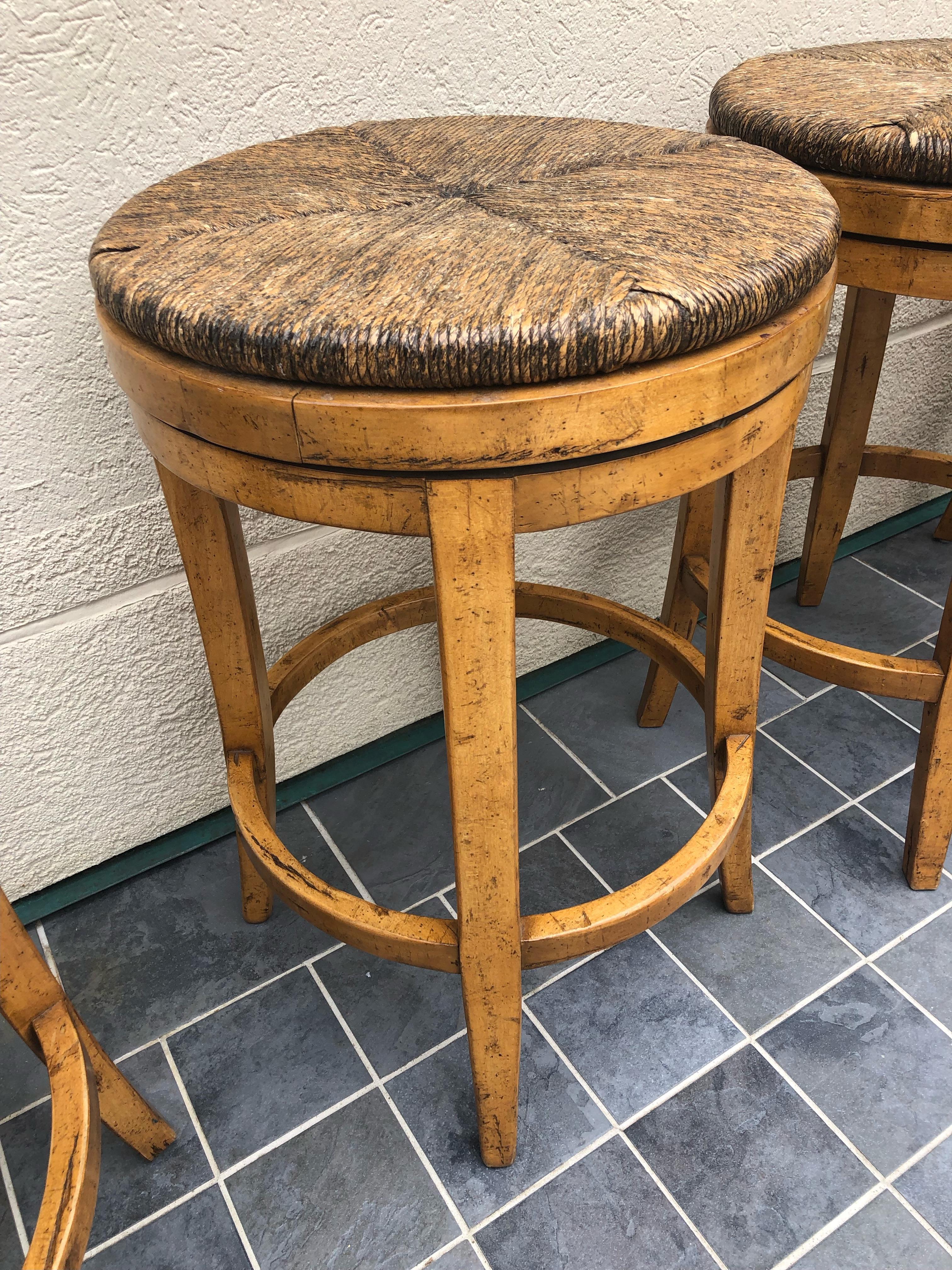Handsome Set of 4 Guy Chaddock Swivel Barstools with Rush Seats In Good Condition In Hopewell, NJ