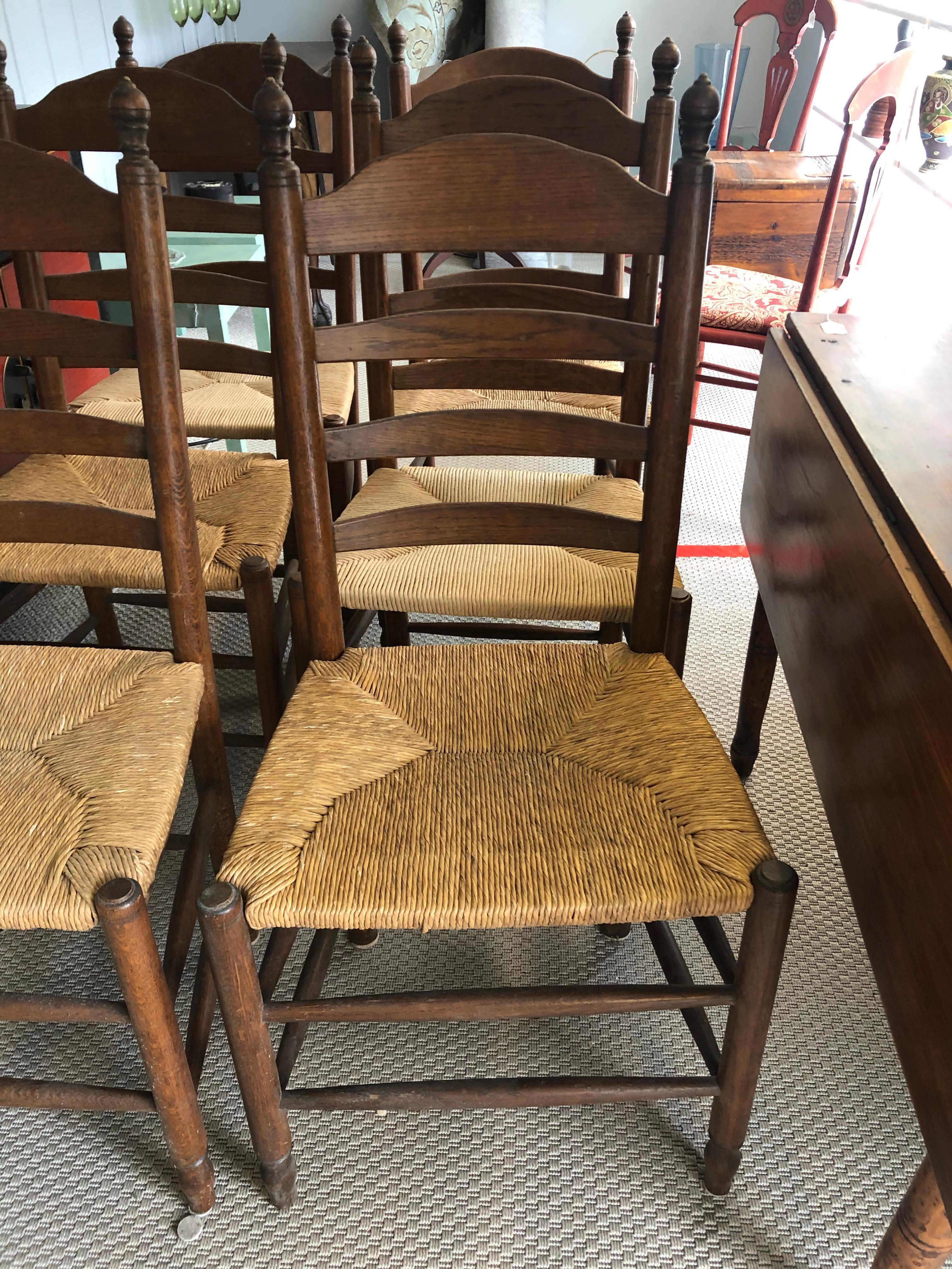 Mid-20th Century Handsome Set of 6 Ladder Back Dining Chairs with Rush Seats