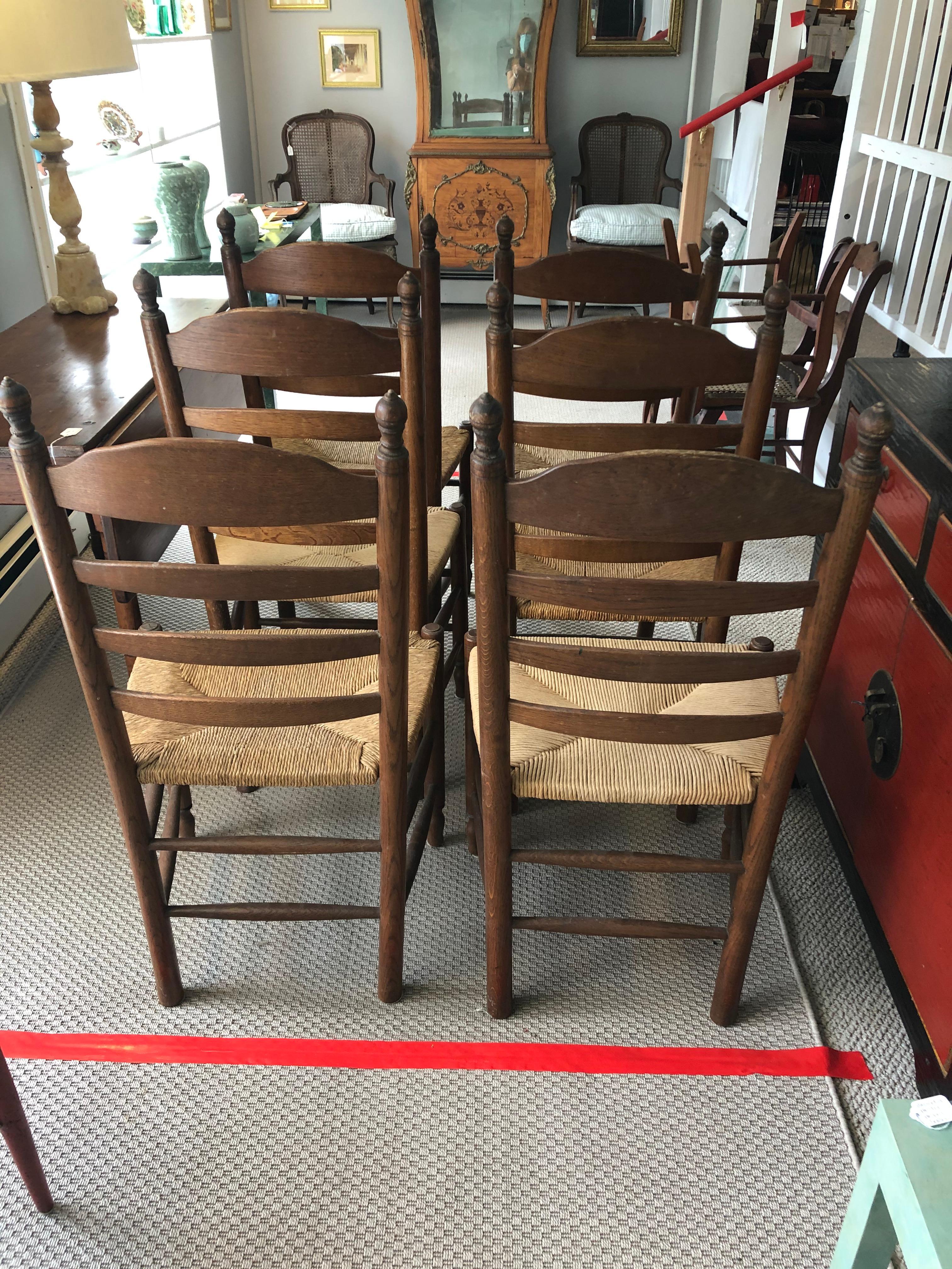 Oak Handsome Set of 6 Ladder Back Dining Chairs with Rush Seats