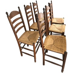 Handsome Set of 6 Ladder Back Dining Chairs with Rush Seats