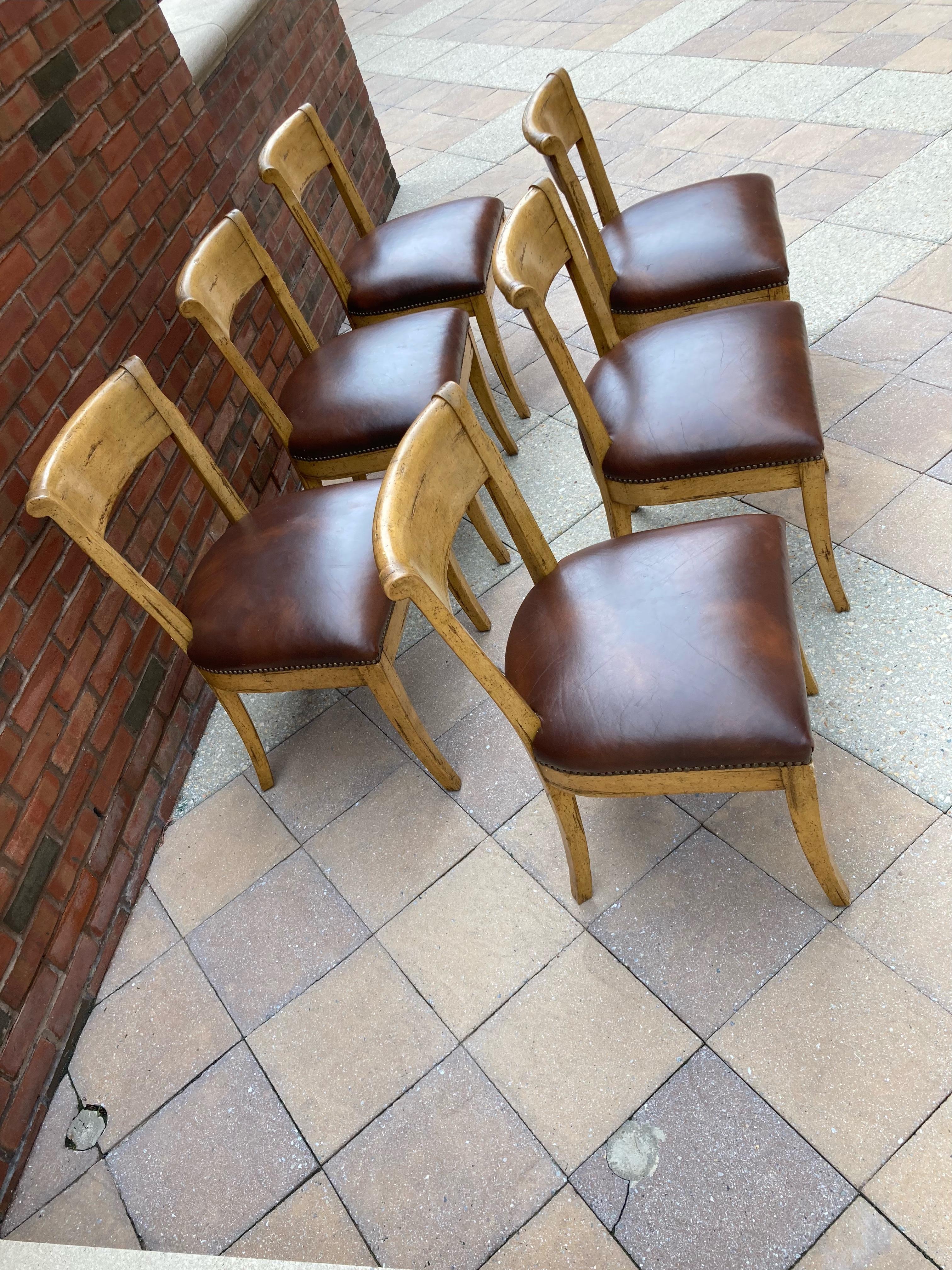 Contemporary Handsome Set of 8 Guy Chaddock Hartford Beechwood and Leather Dining Chairs