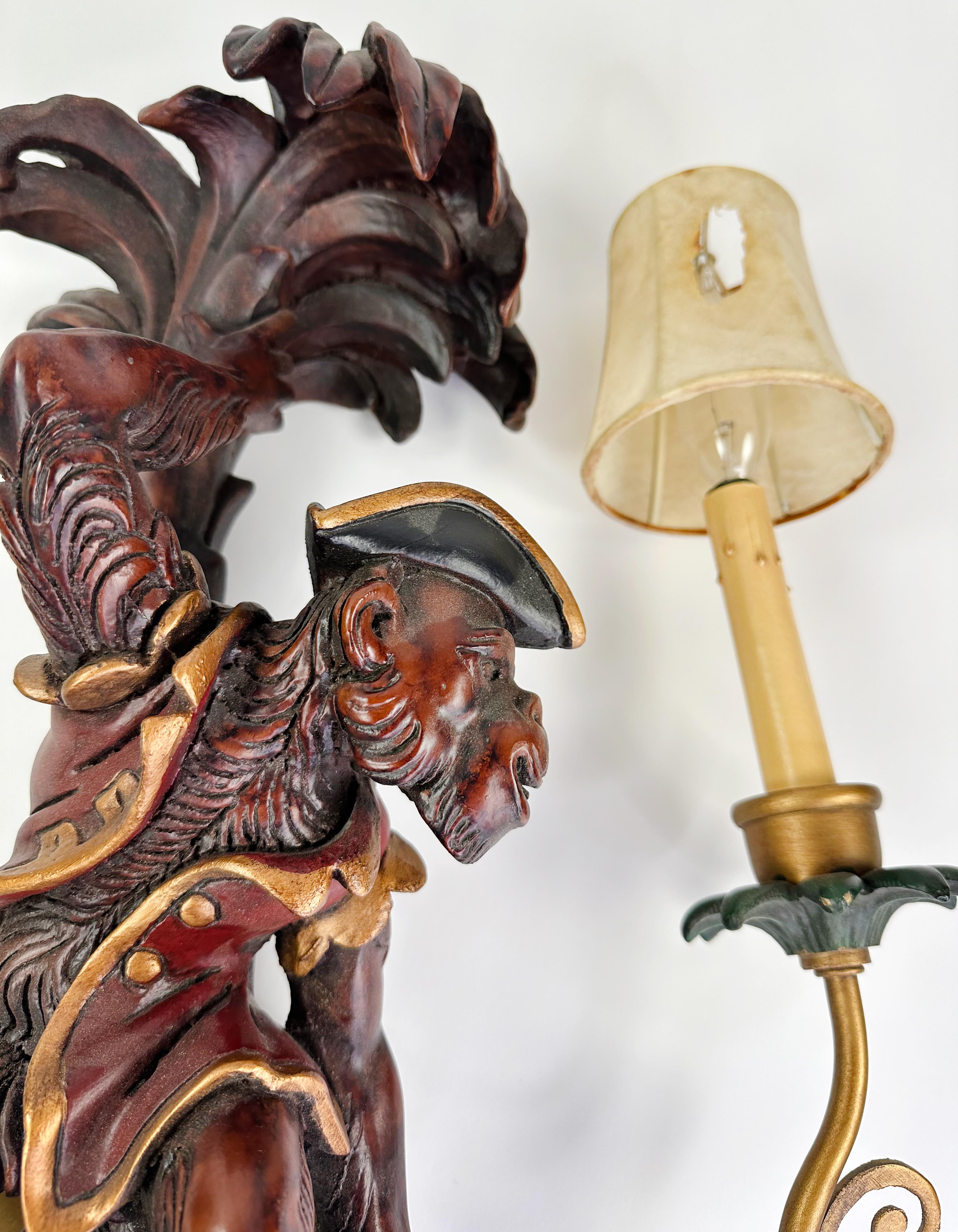 Handsome Set of handmade Wall Light 2 Arm Carved Wood Monkey Sconce Wall Lamps For Sale 3