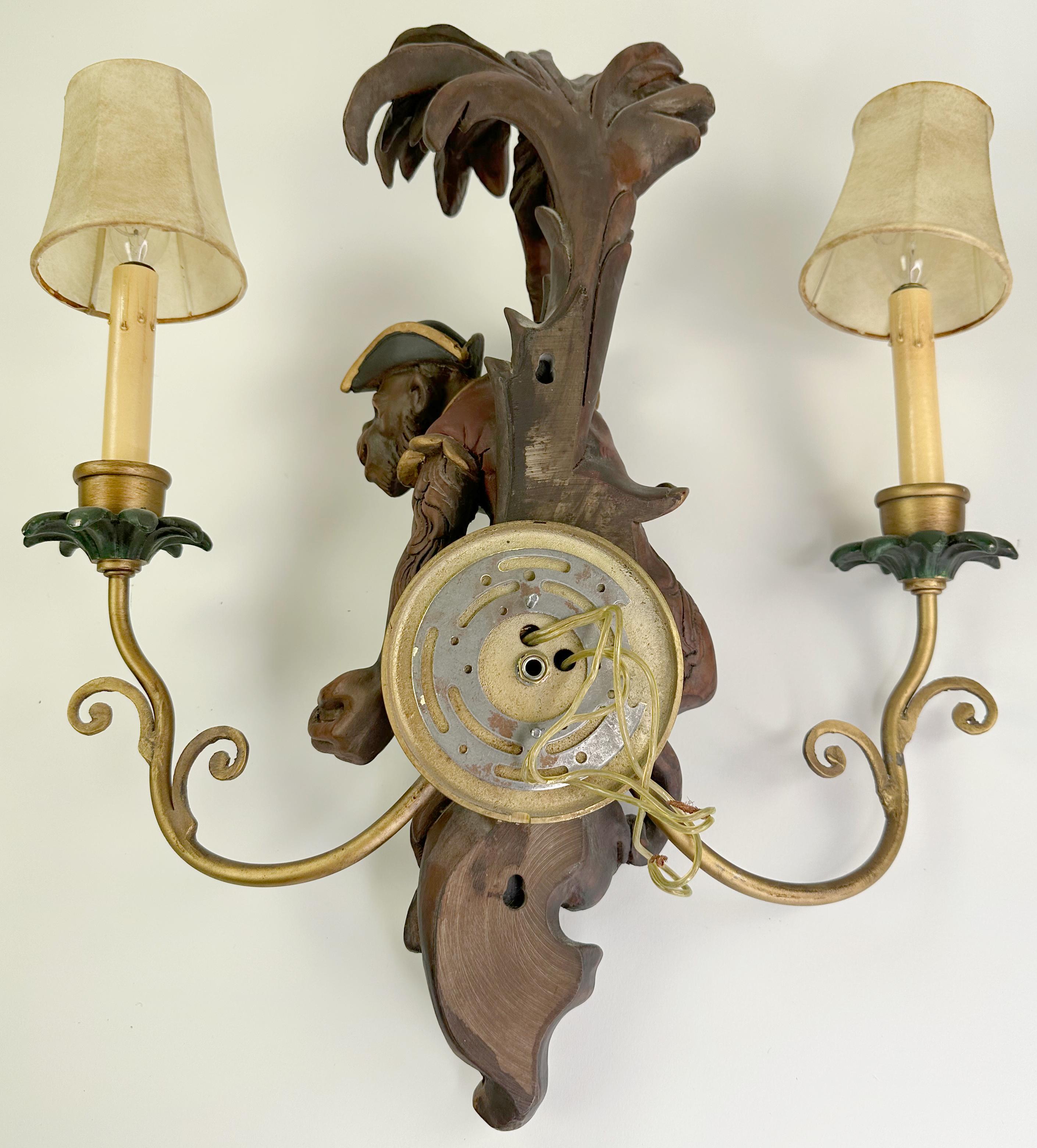 Handsome Set of handmade Wall Light 2 Arm Carved Wood Monkey Sconce Wall Lamps For Sale 4