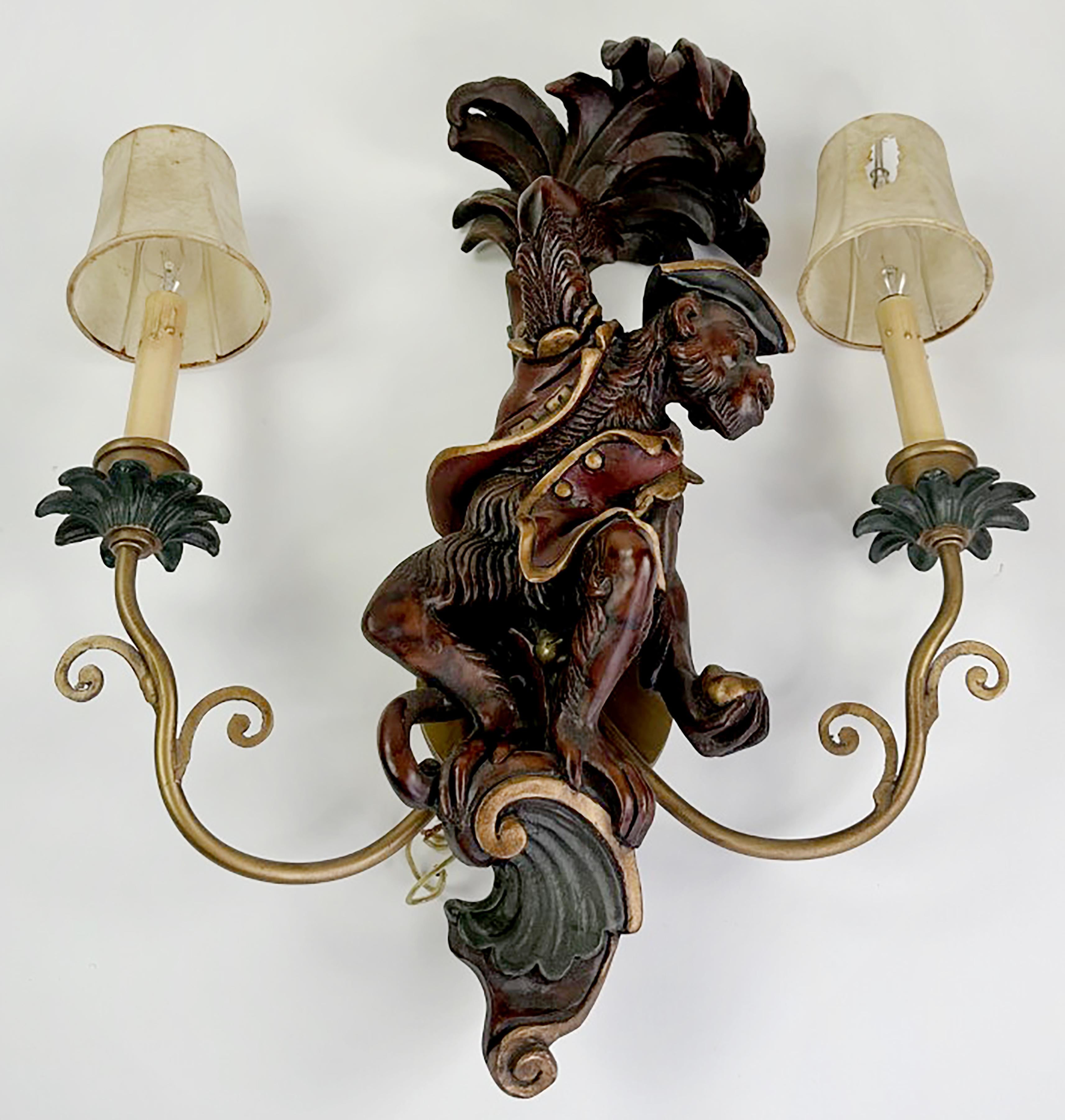 Handsome Set of handmade Wall Light 2 Arm Carved Wood Monkey Sconce Wall Lamps For Sale 5