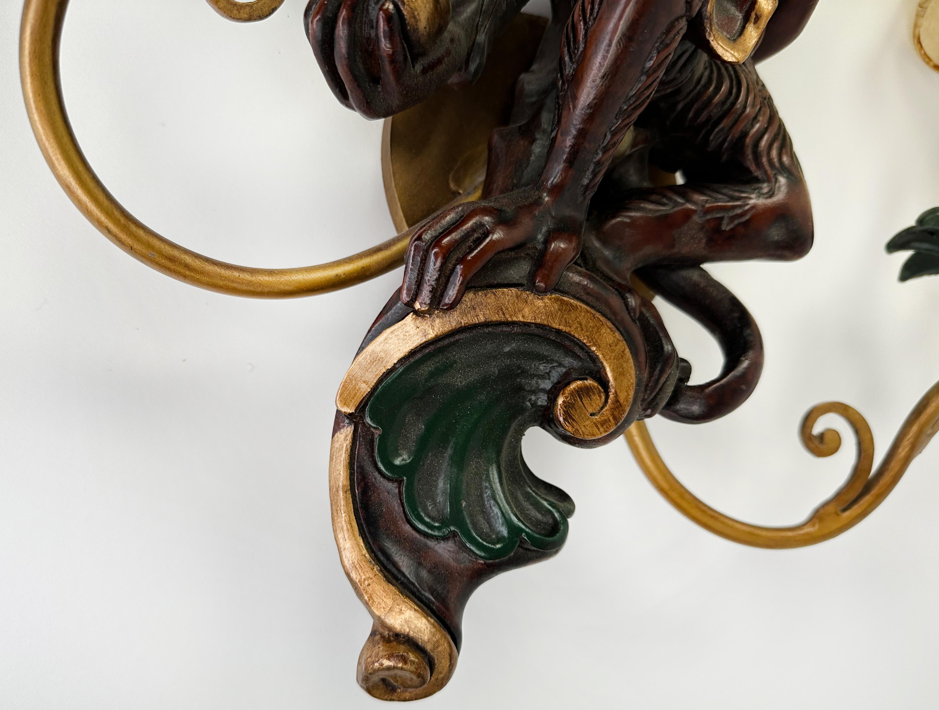 Handsome Set of handmade Wall Light 2 Arm Carved Wood Monkey Sconce Wall Lamps In Good Condition For Sale In Dallas, TX