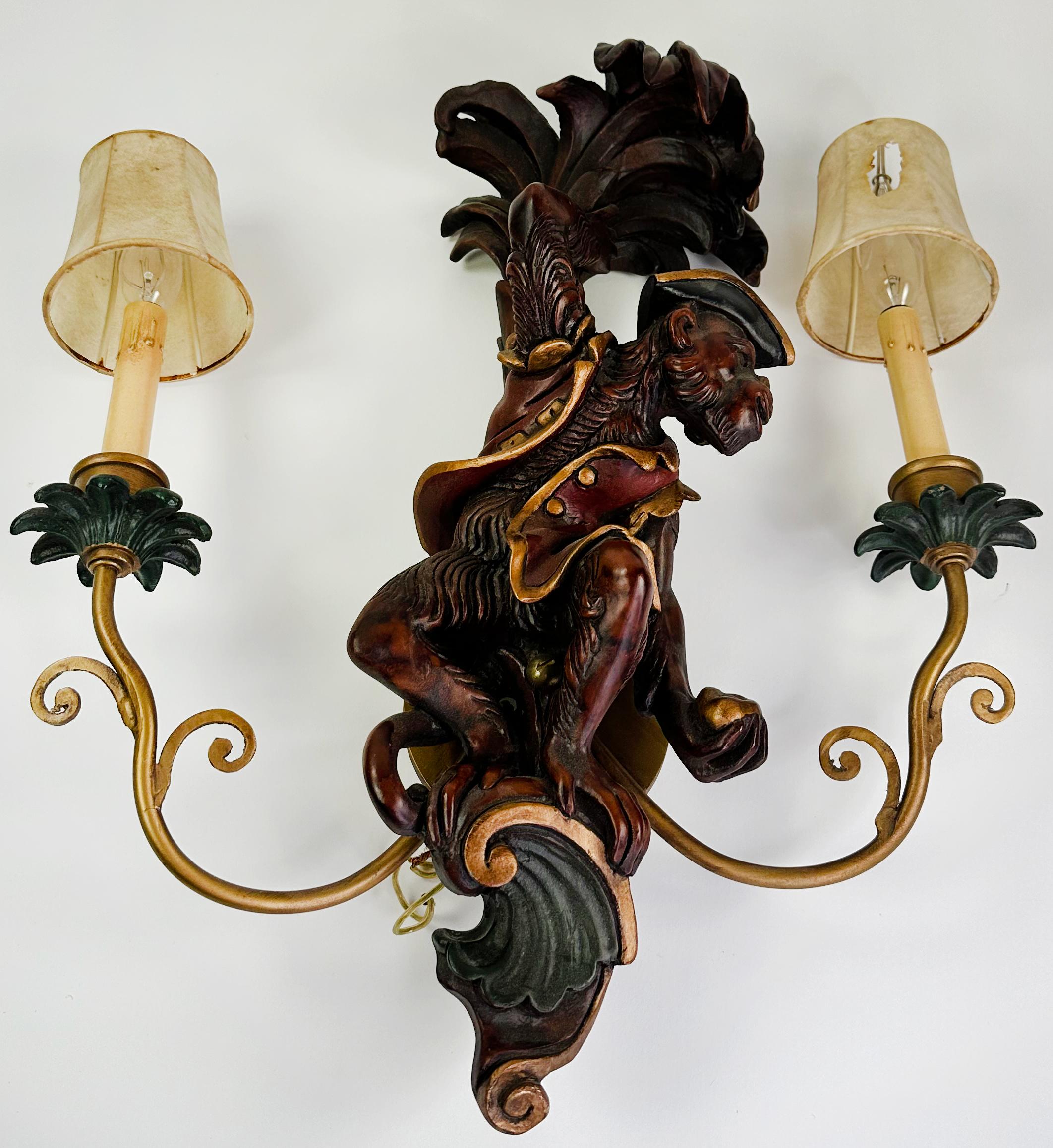 20th Century Handsome Set of handmade Wall Light 2 Arm Carved Wood Monkey Sconce Wall Lamps For Sale