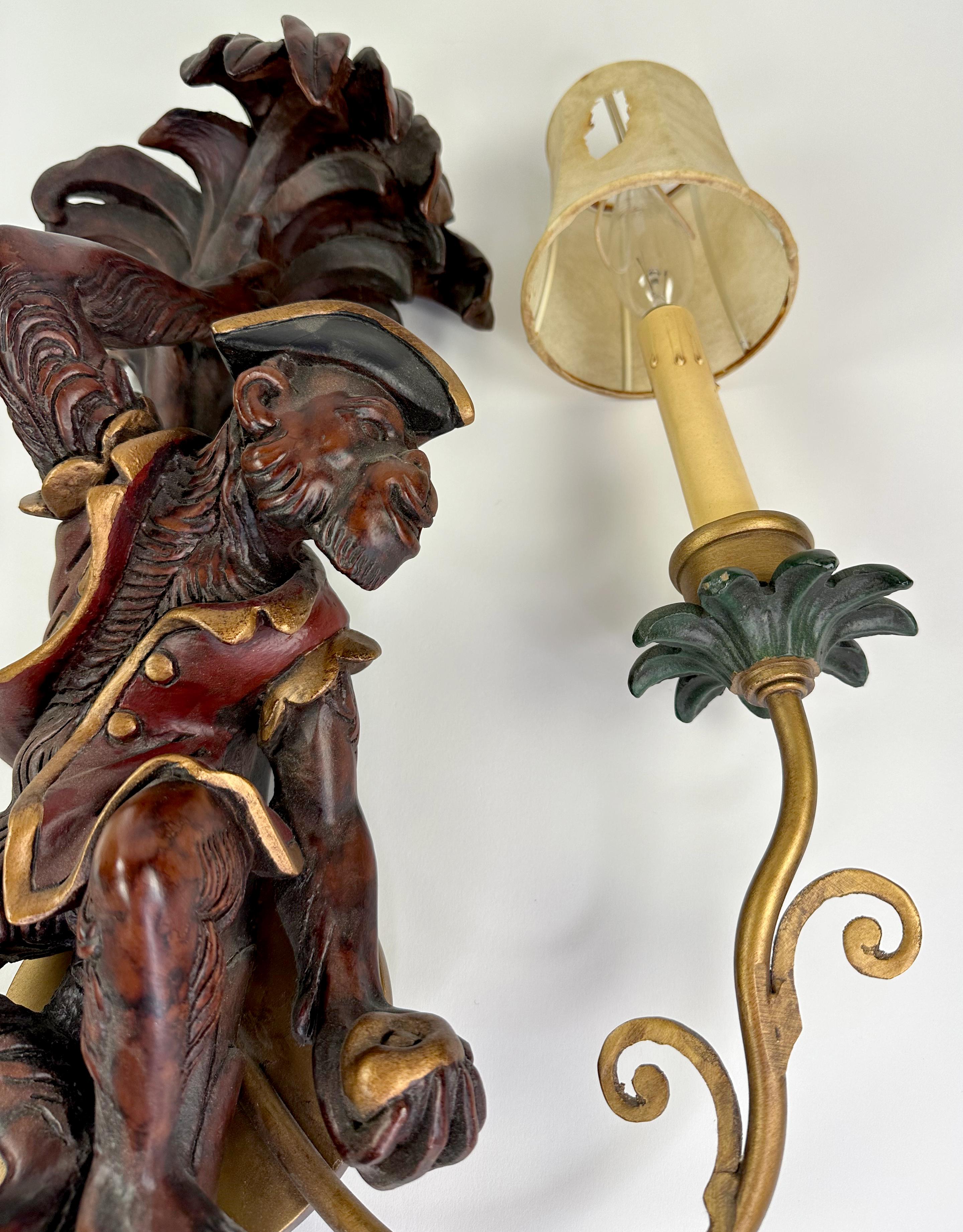 Handsome Set of handmade Wall Light 2 Arm Carved Wood Monkey Sconce Wall Lamps For Sale 1