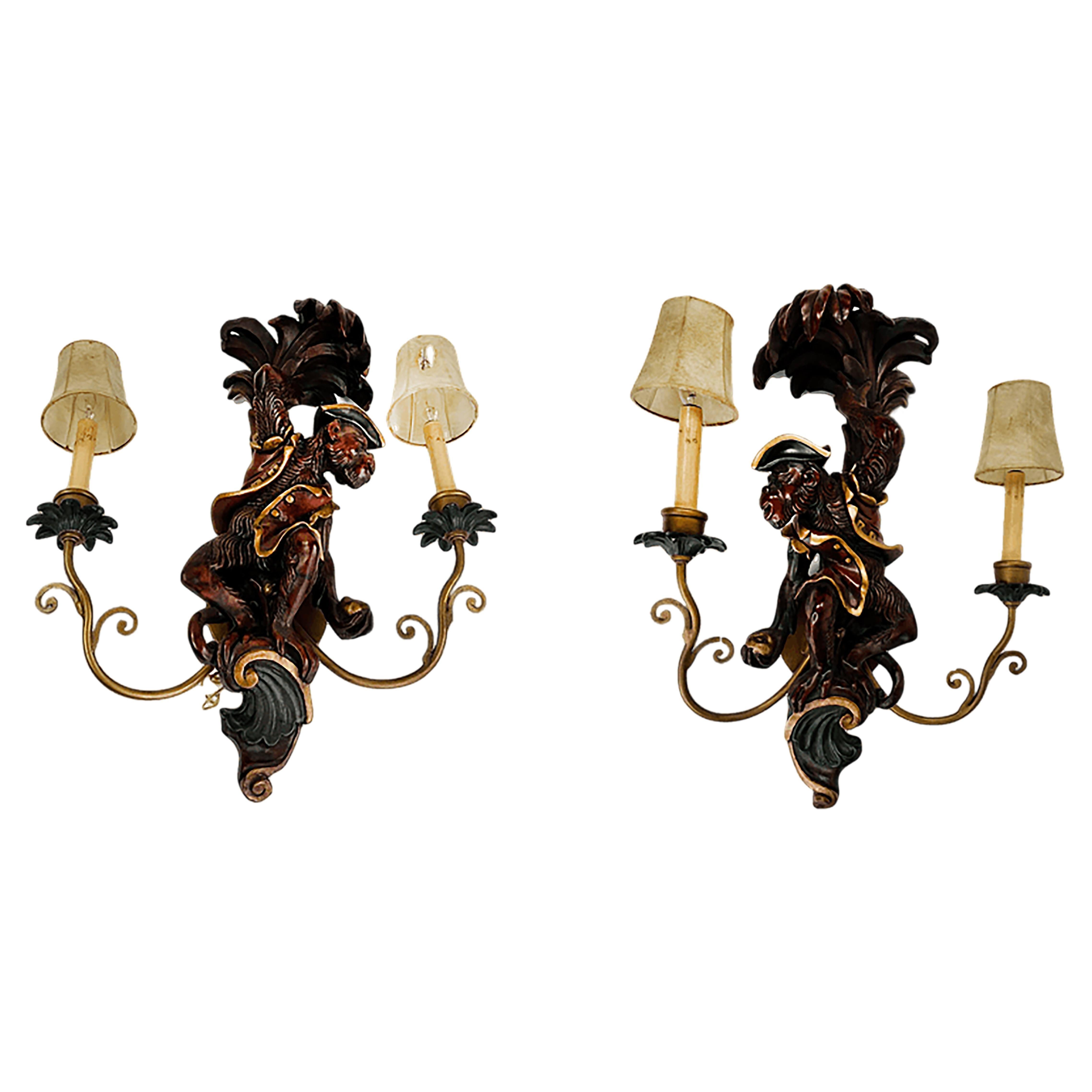 Handsome Set of handmade Wall Light 2 Arm Carved Wood Monkey Sconce Wall Lamps For Sale