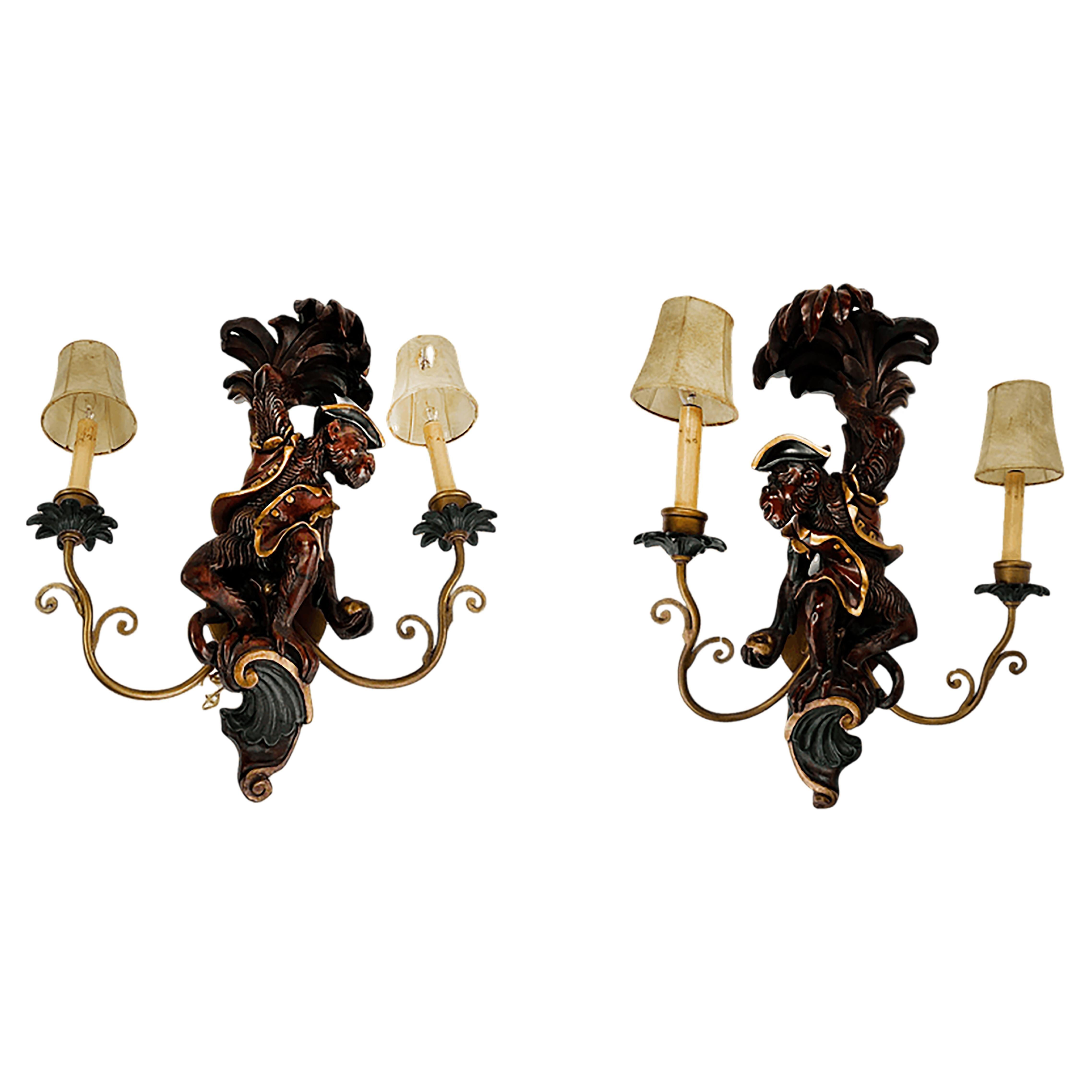 Handsome Set of handmade Wall Light 2 Arm Carved Wood Monkey Sconce Wall Lamps