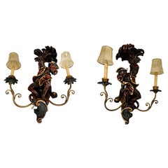 Handsome Set of handmade Wall Light 2 Arm Carved Wood Monkey Sconce Wall Lamps