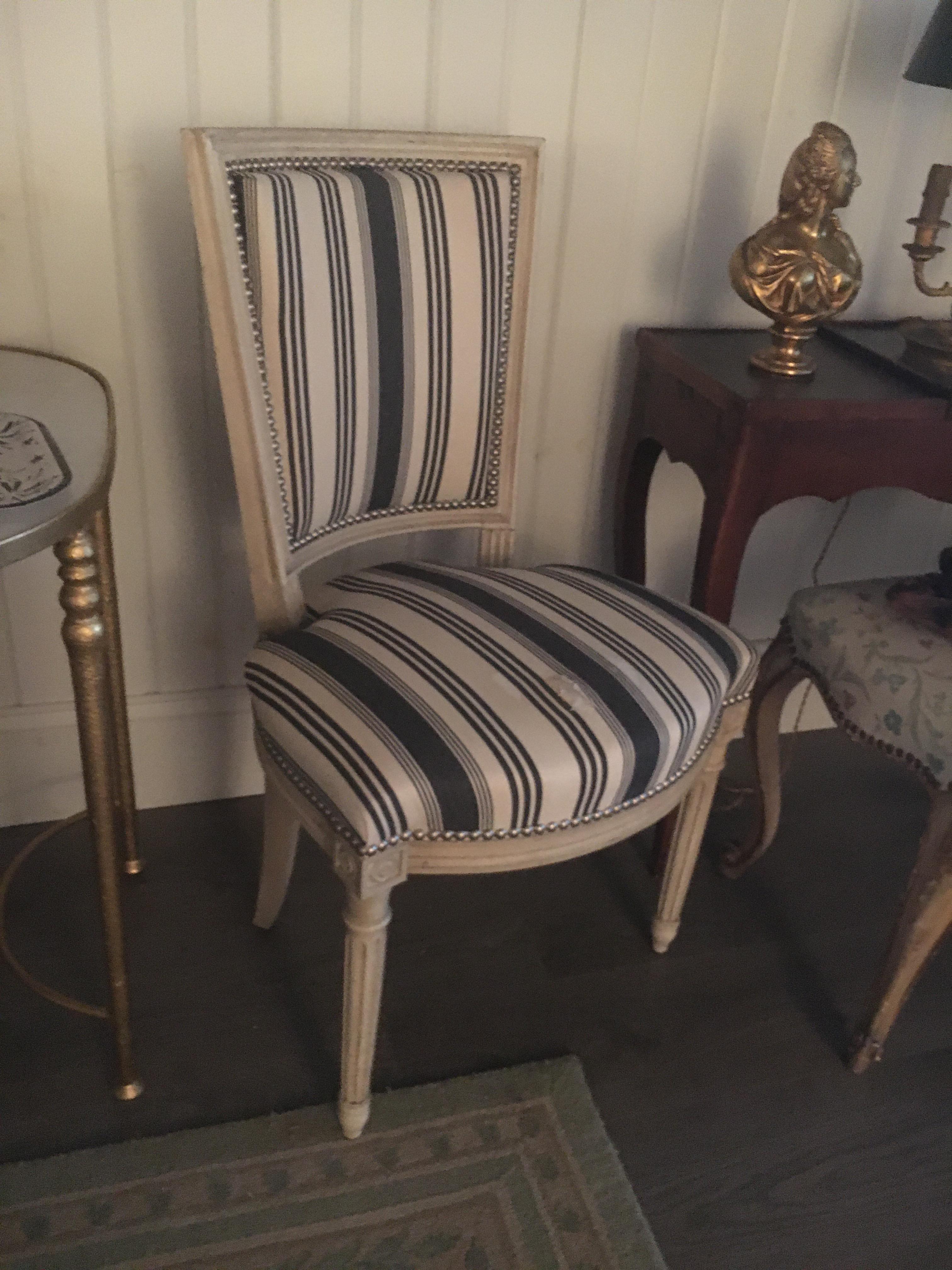 Handsome Set of Six Louis XVI Style Side Chairs Covered in Blue and White Stripe In Excellent Condition For Sale In Buchanan, MI