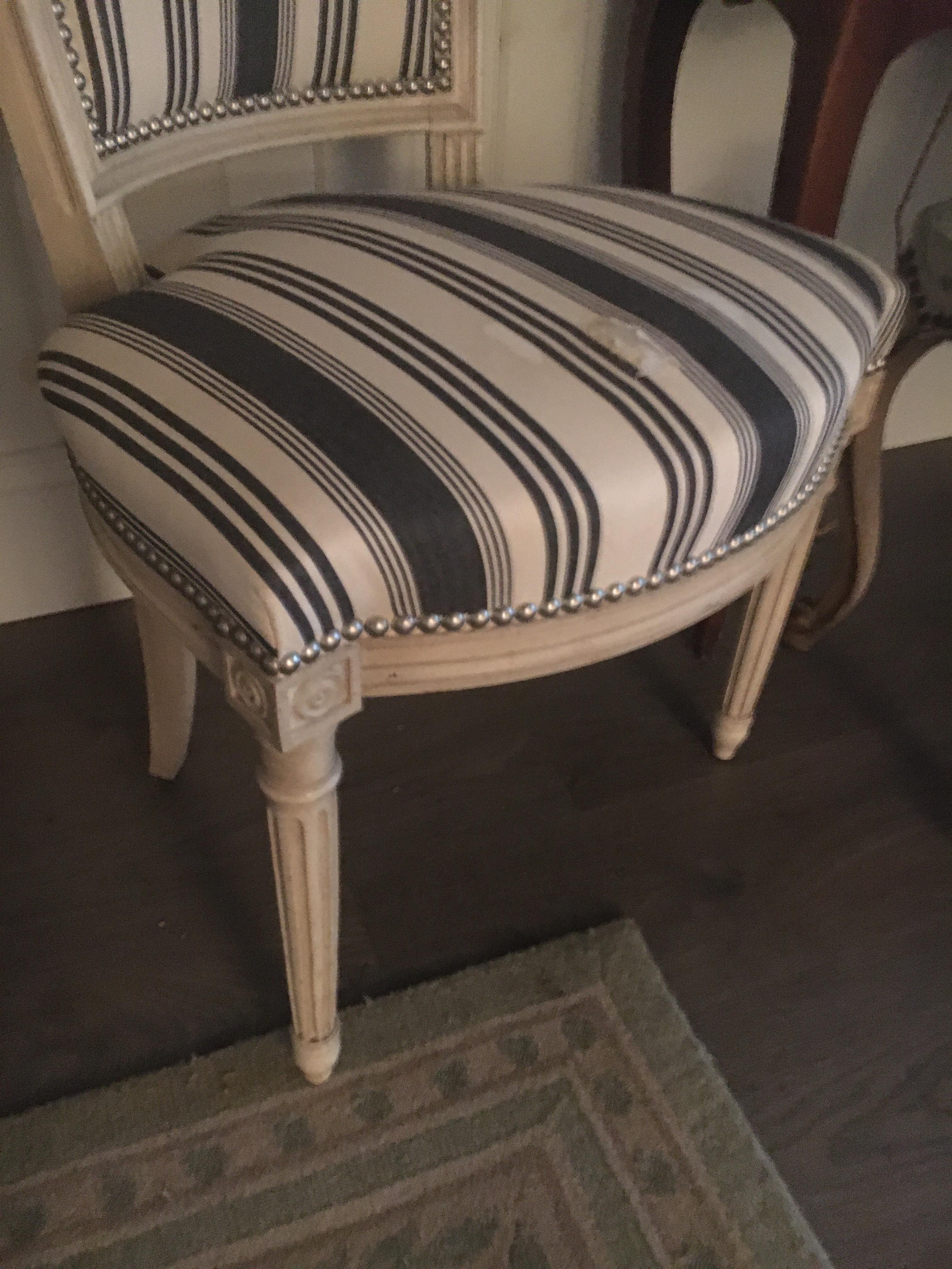 Wood Handsome Set of Six Louis XVI Style Side Chairs Covered in Blue and White Stripe For Sale