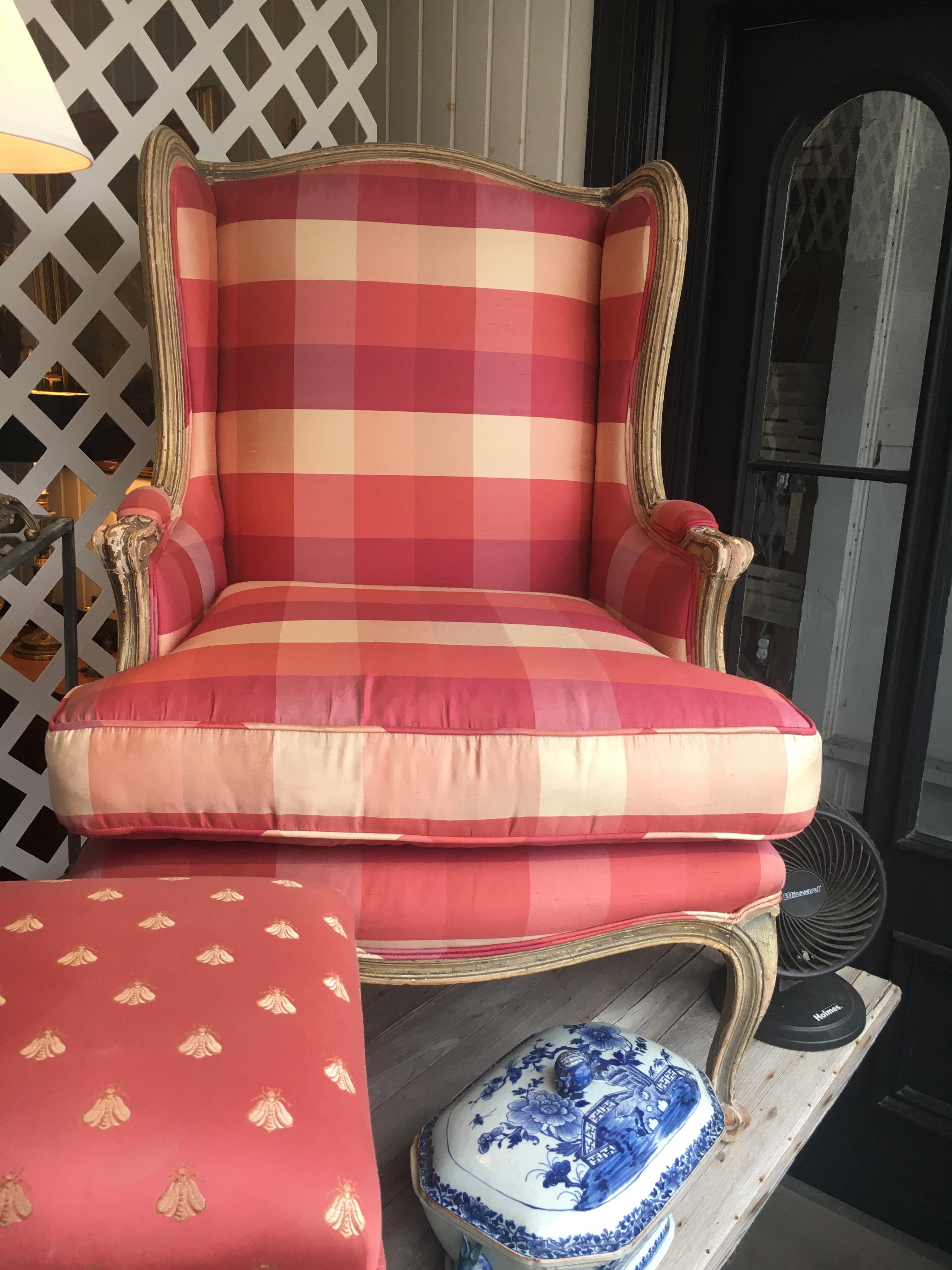 Handsome Set of Six Louis XVI Style Side Chairs Covered in Blue and White Stripe For Sale 2