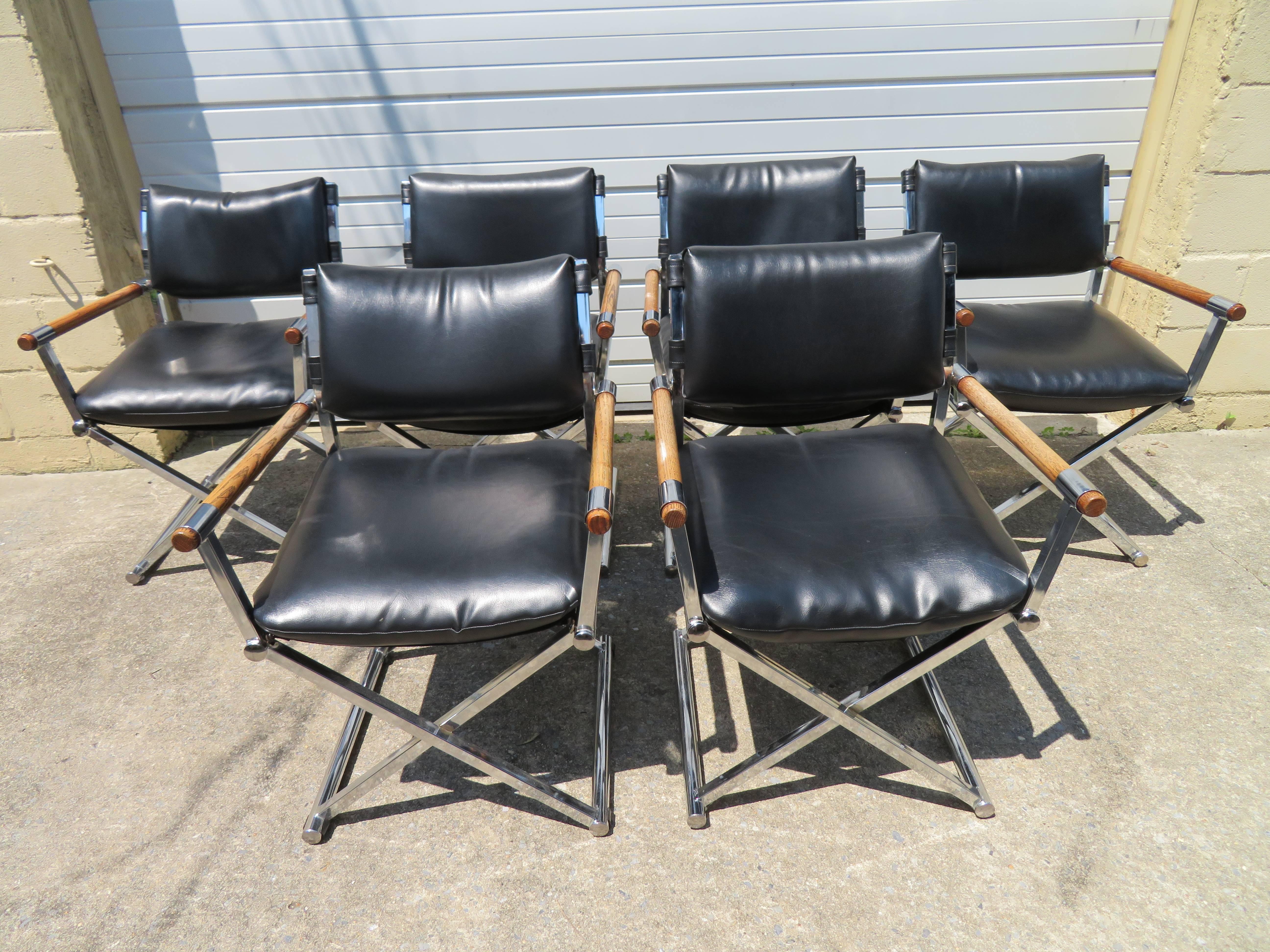 Handsome Set of Six Milo Baughman Style Chrome Directors Dining Chair Midcentury 7