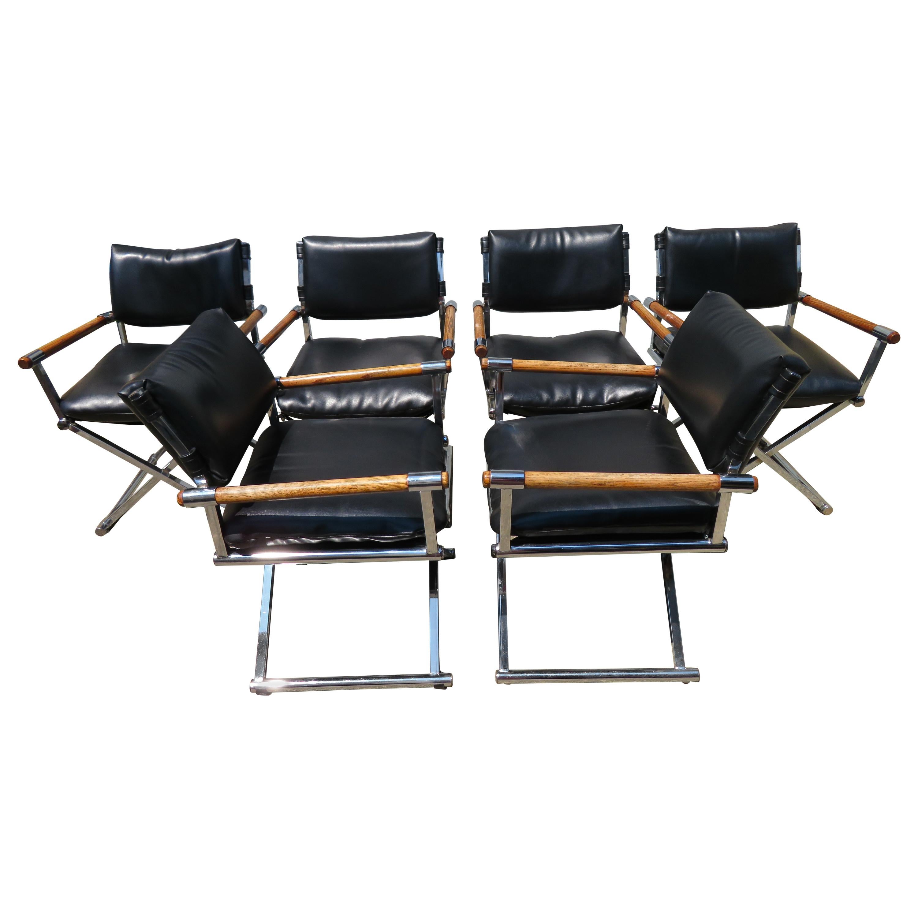 Handsome Set of Six Milo Baughman Style Chrome Directors Dining Chair Midcentury