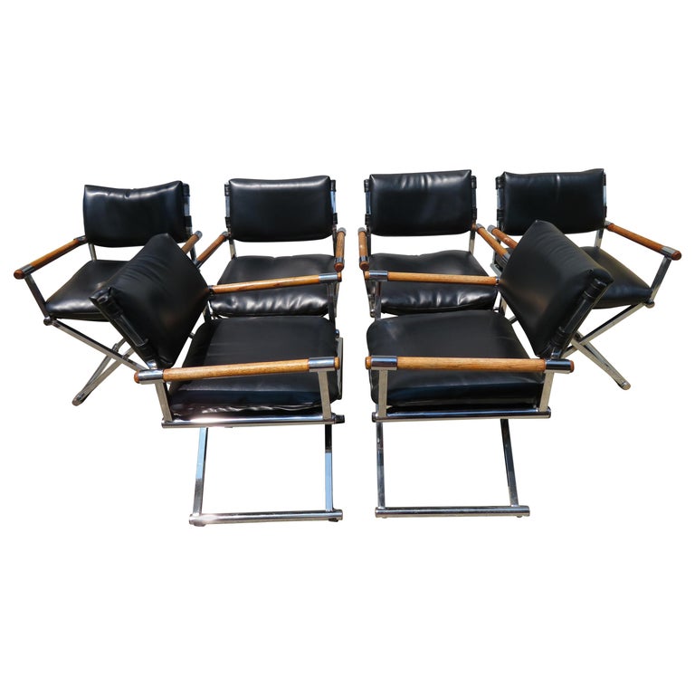 Handsome Set of Six Milo Baughman Style Chrome Directors Dining Chair