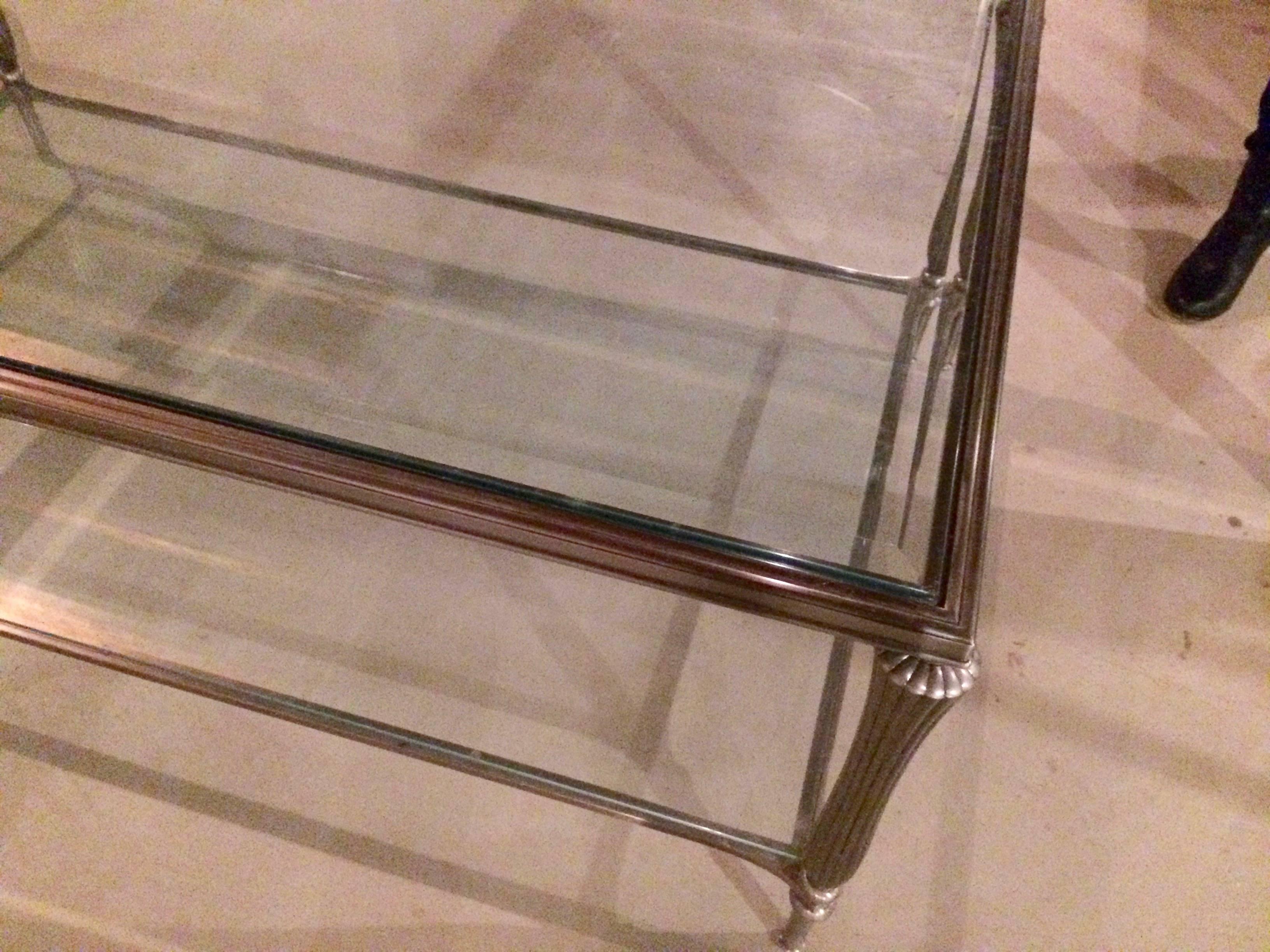 Handsome Silver Metal and Gleaming Glass Two-Tier Coffee Table 4