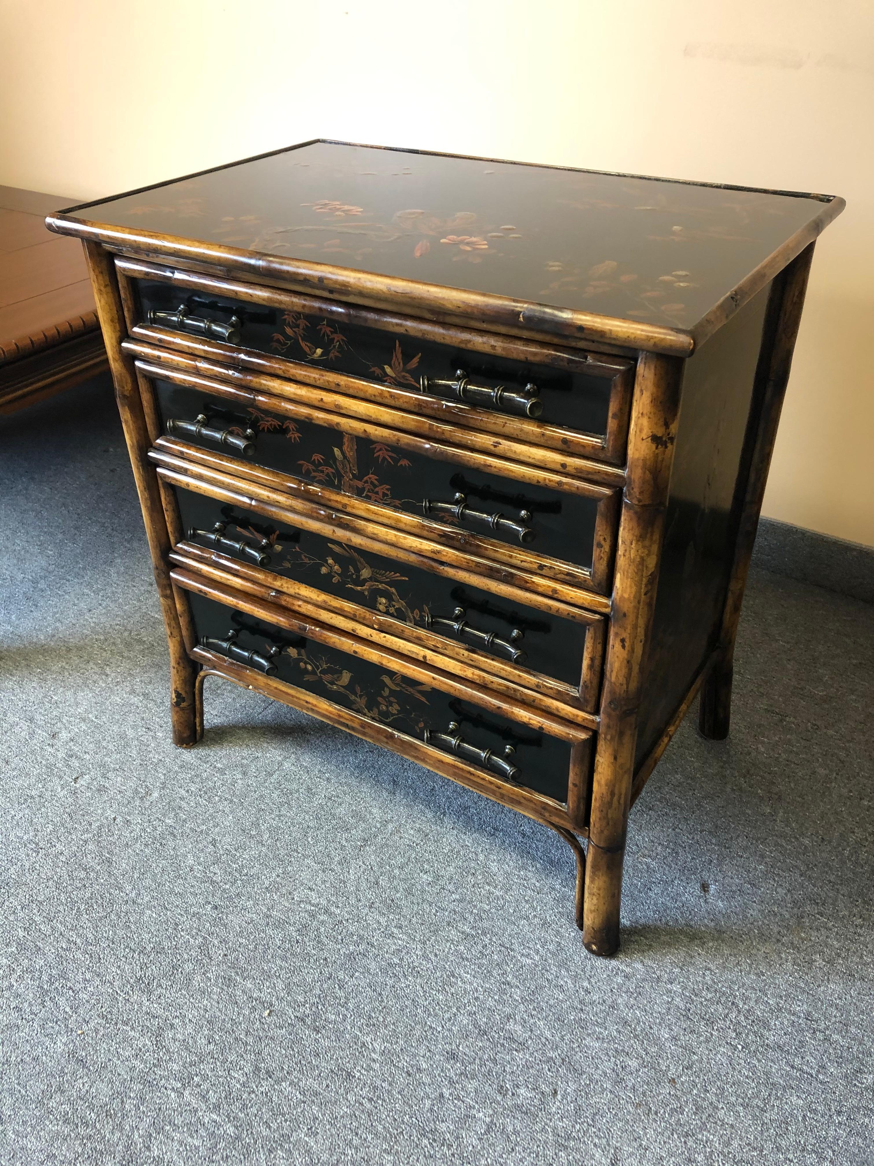 Handsome Small Faux Bamboo Chinoiserie Decorated Chest of Drawers Commode In Excellent Condition In Hopewell, NJ