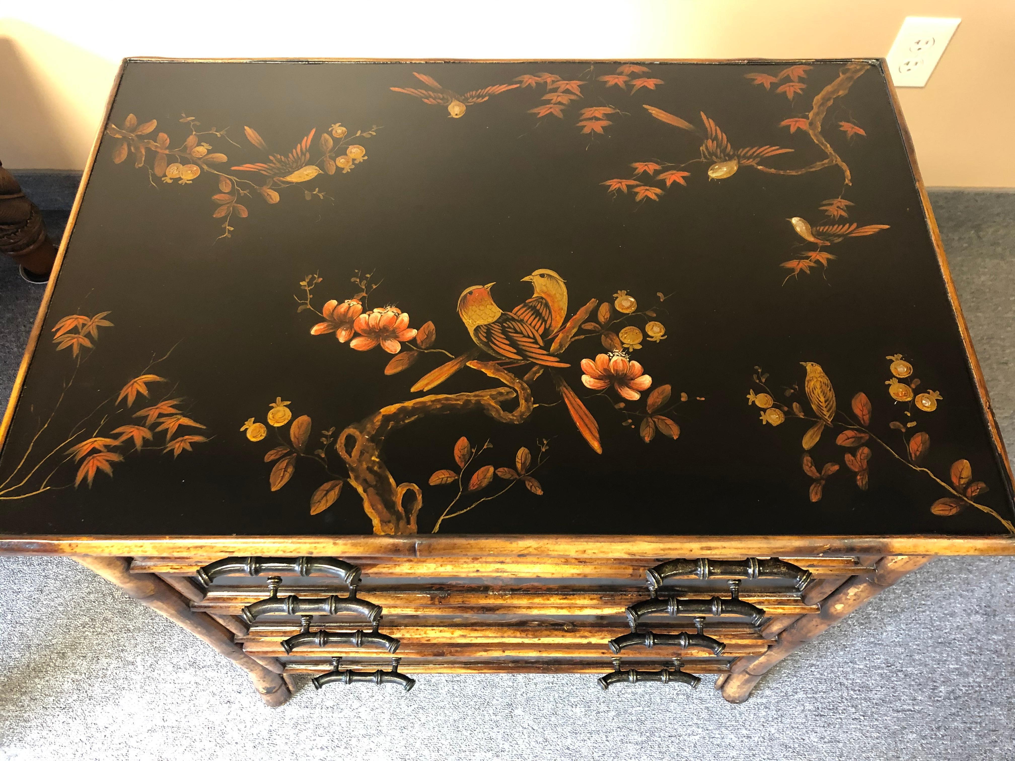 Late 20th Century Handsome Small Faux Bamboo Chinoiserie Decorated Chest of Drawers Commode