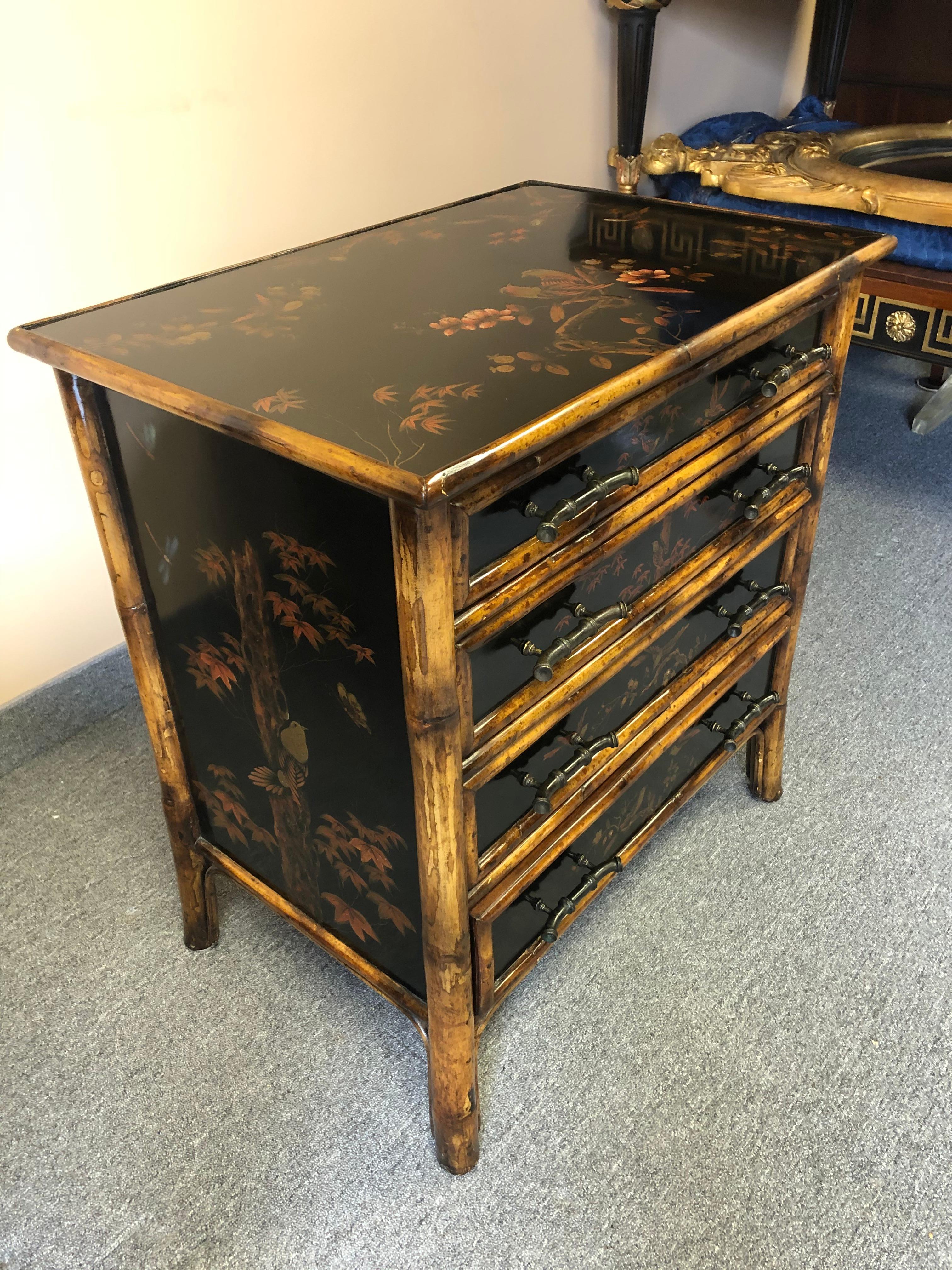 Handsome Small Faux Bamboo Chinoiserie Decorated Chest of Drawers Commode 3