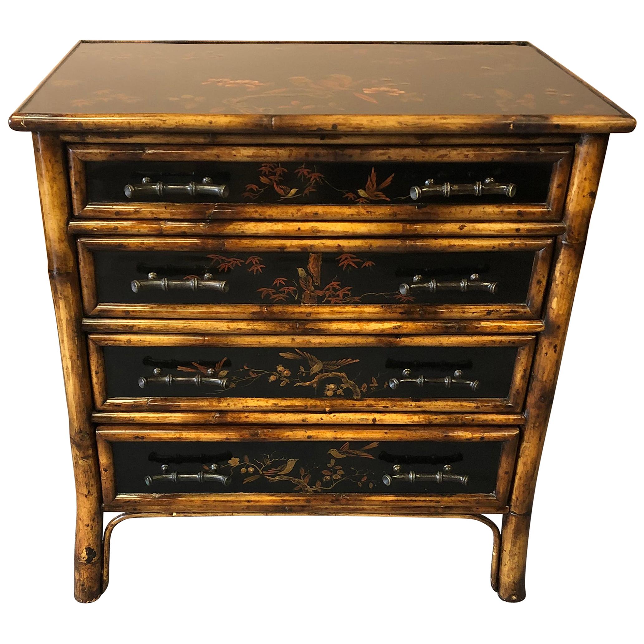 Handsome Small Faux Bamboo Chinoiserie Decorated Chest of Drawers Commode